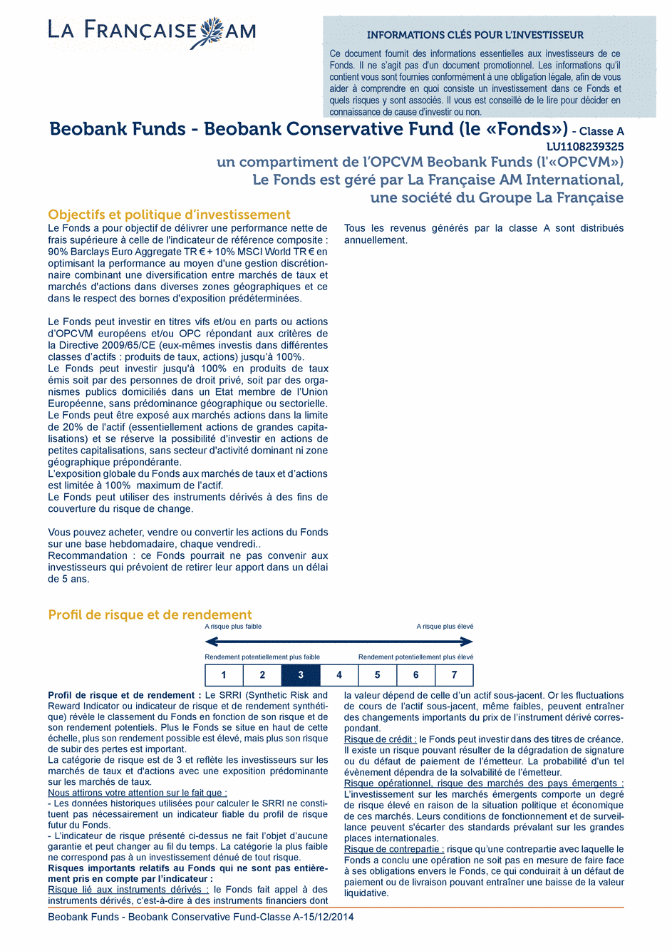 DICI BEOBANK FUNDS – BEOBANK Conservative Fund - Classe A - 15/12/2014 - Français