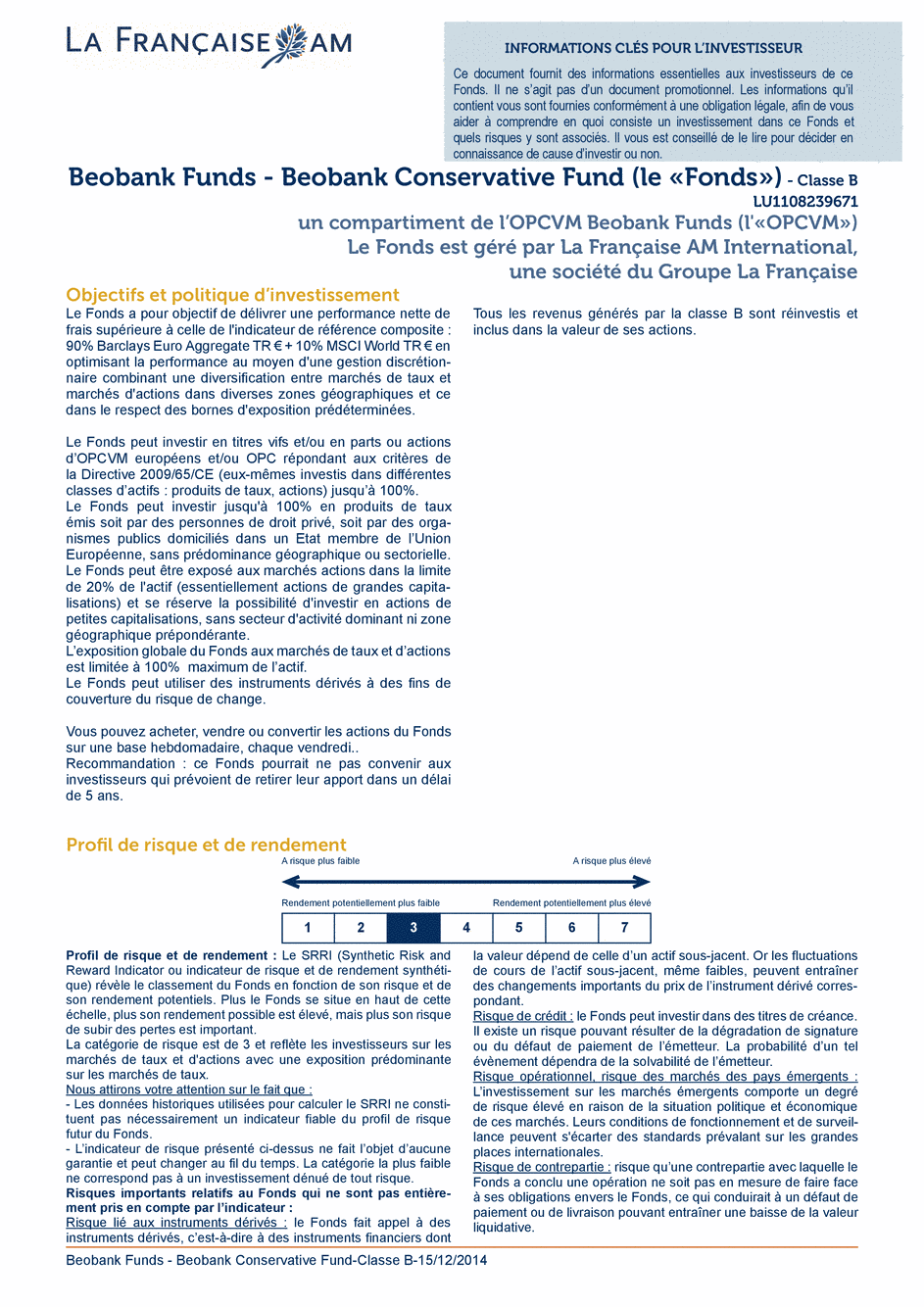DICI BEOBANK FUNDS – BEOBANK Conservative Fund - Classe B - 15/12/2014 - Français