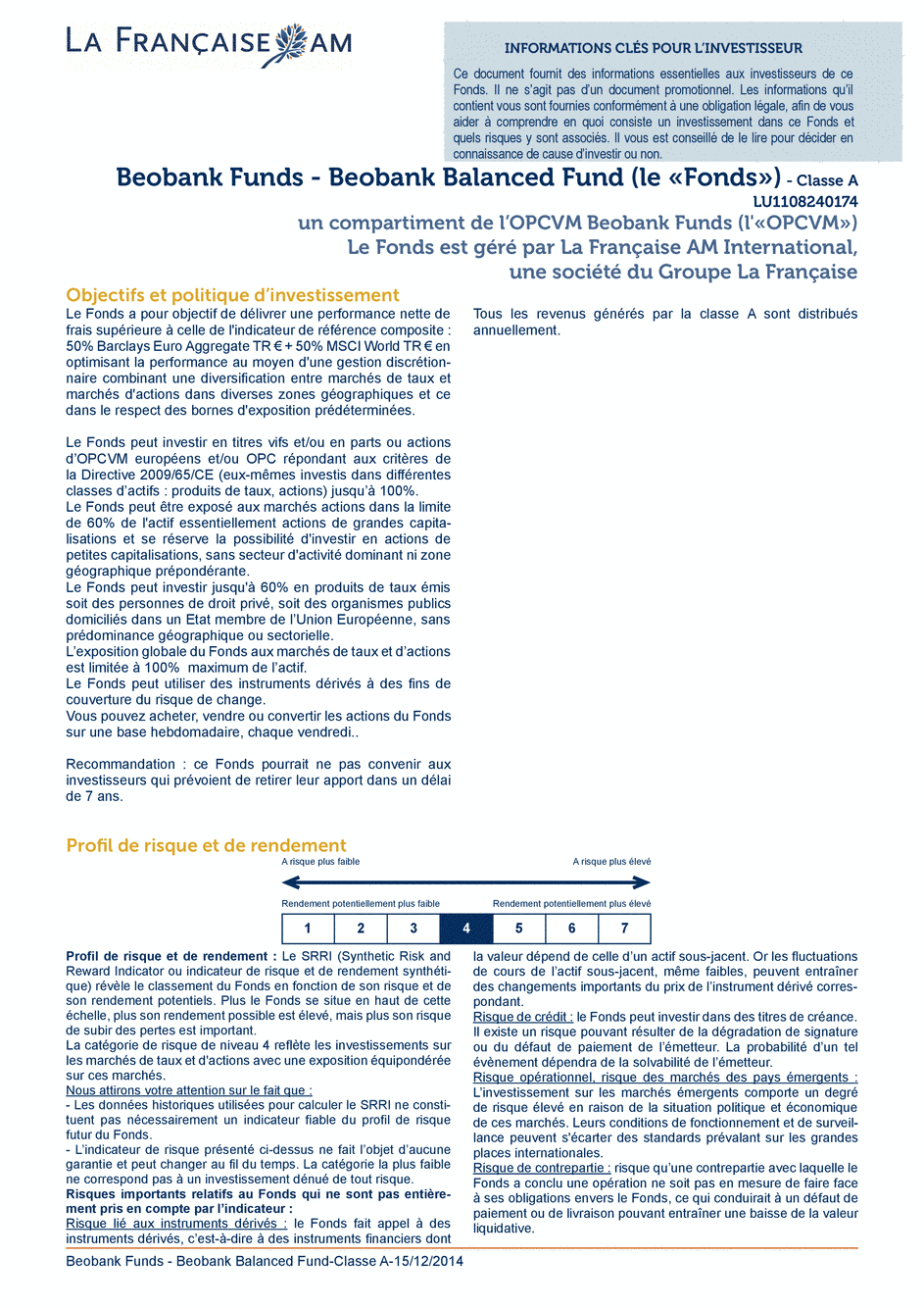 DICI BEOBANK FUNDS – BEOBANK Balanced Fund - Classe A - 15/12/2014 - Français