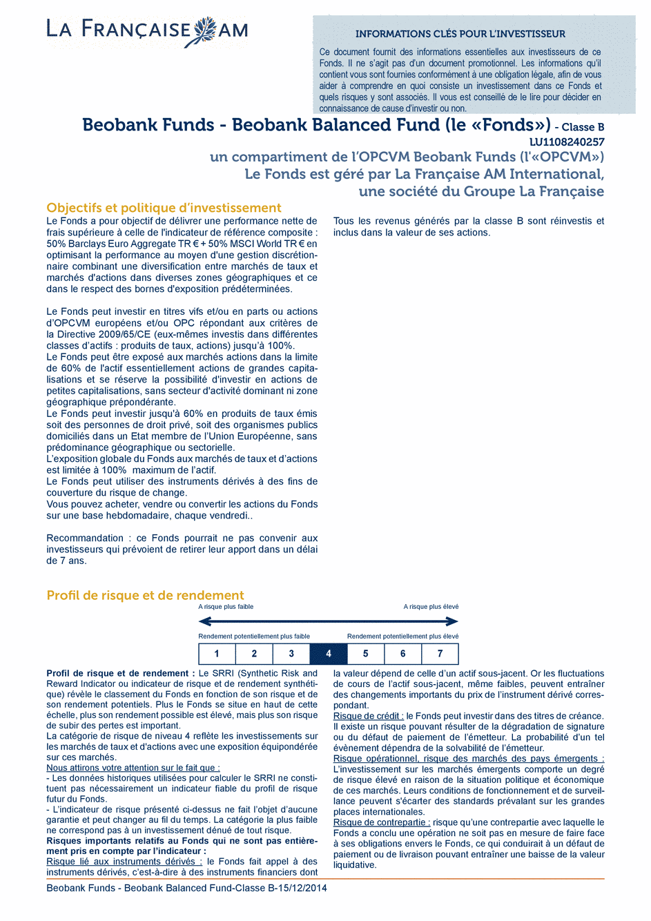 DICI BEOBANK FUNDS – BEOBANK Balanced Fund - Classe B - 15/12/2014 - Français