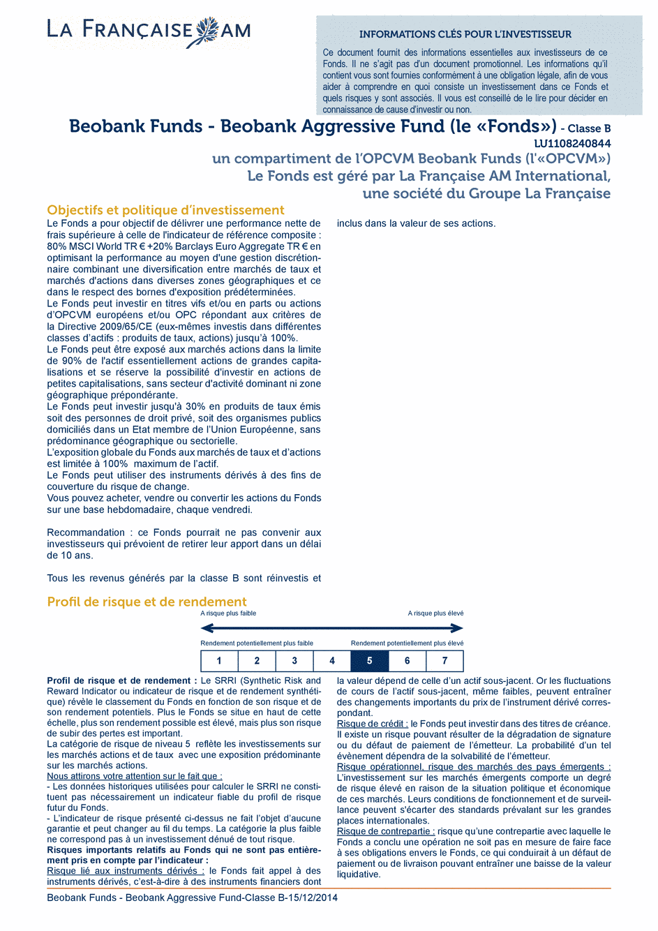 DICI BEOBANK FUNDS – BEOBANK Aggressive Fund - Classe B - 15/12/2014 - Français