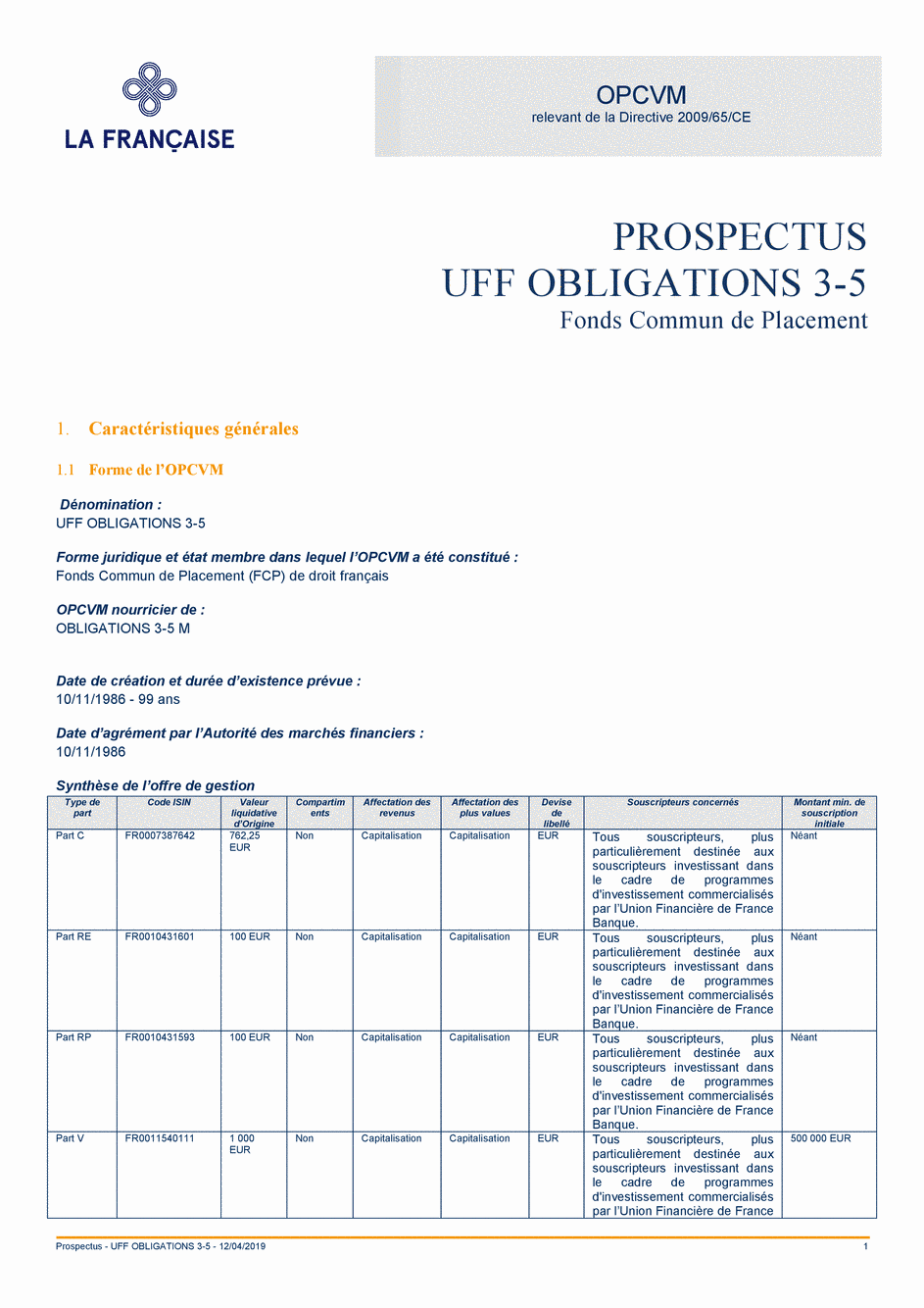 Prospectus UFF Obligations 3-5 (Part RE) - 12/04/2019 - Français
