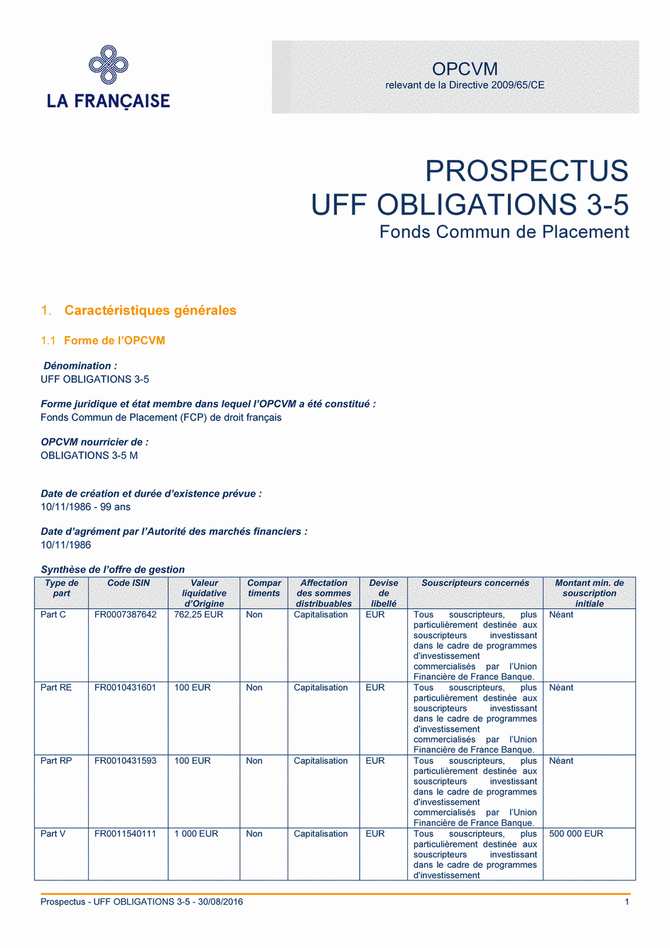 Prospectus UFF Obligations 3-5 (Part RP) - 30/08/2016 - Français