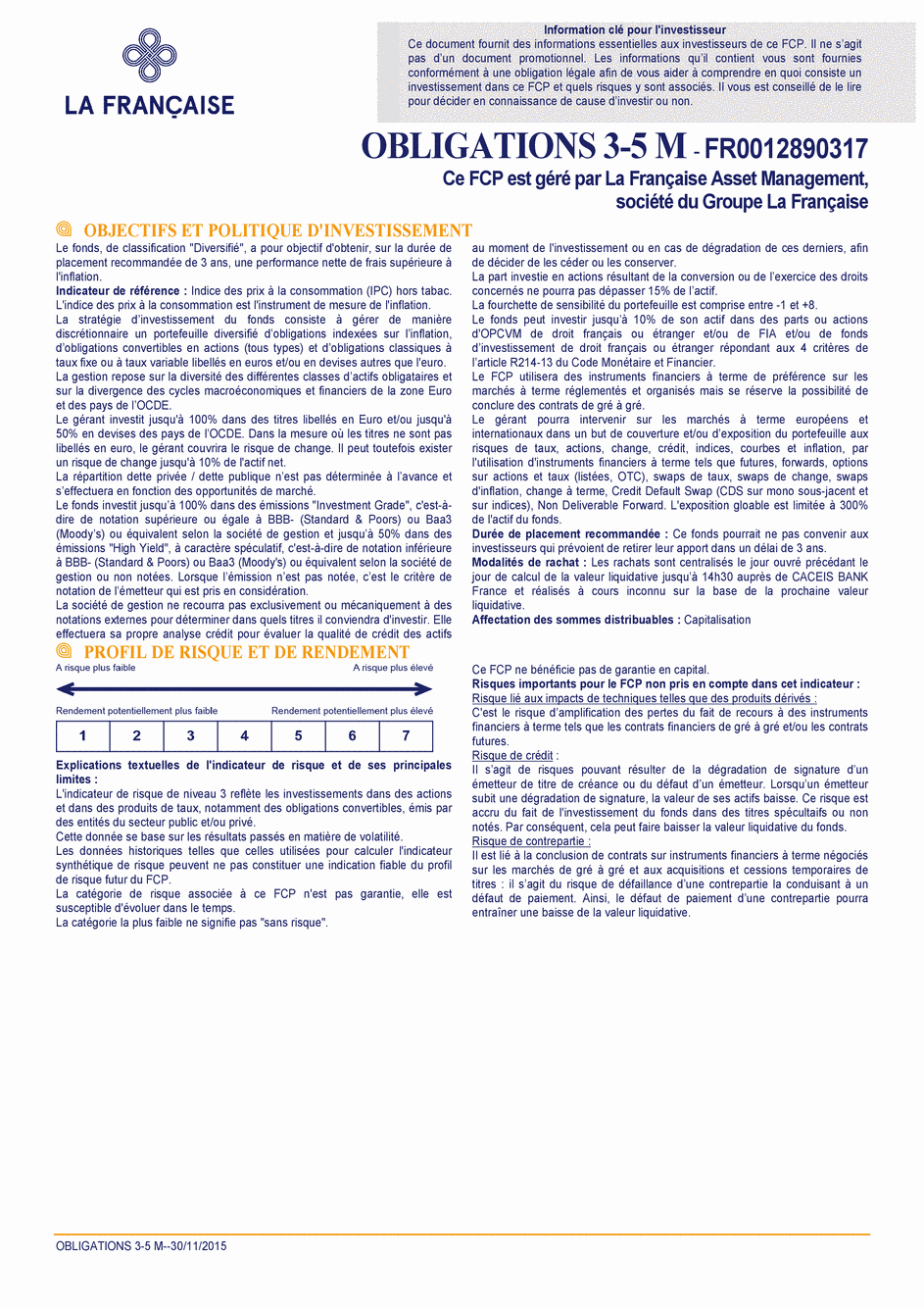 DICI OBLIGATIONS 3-5 M - 30/11/2015 - Français