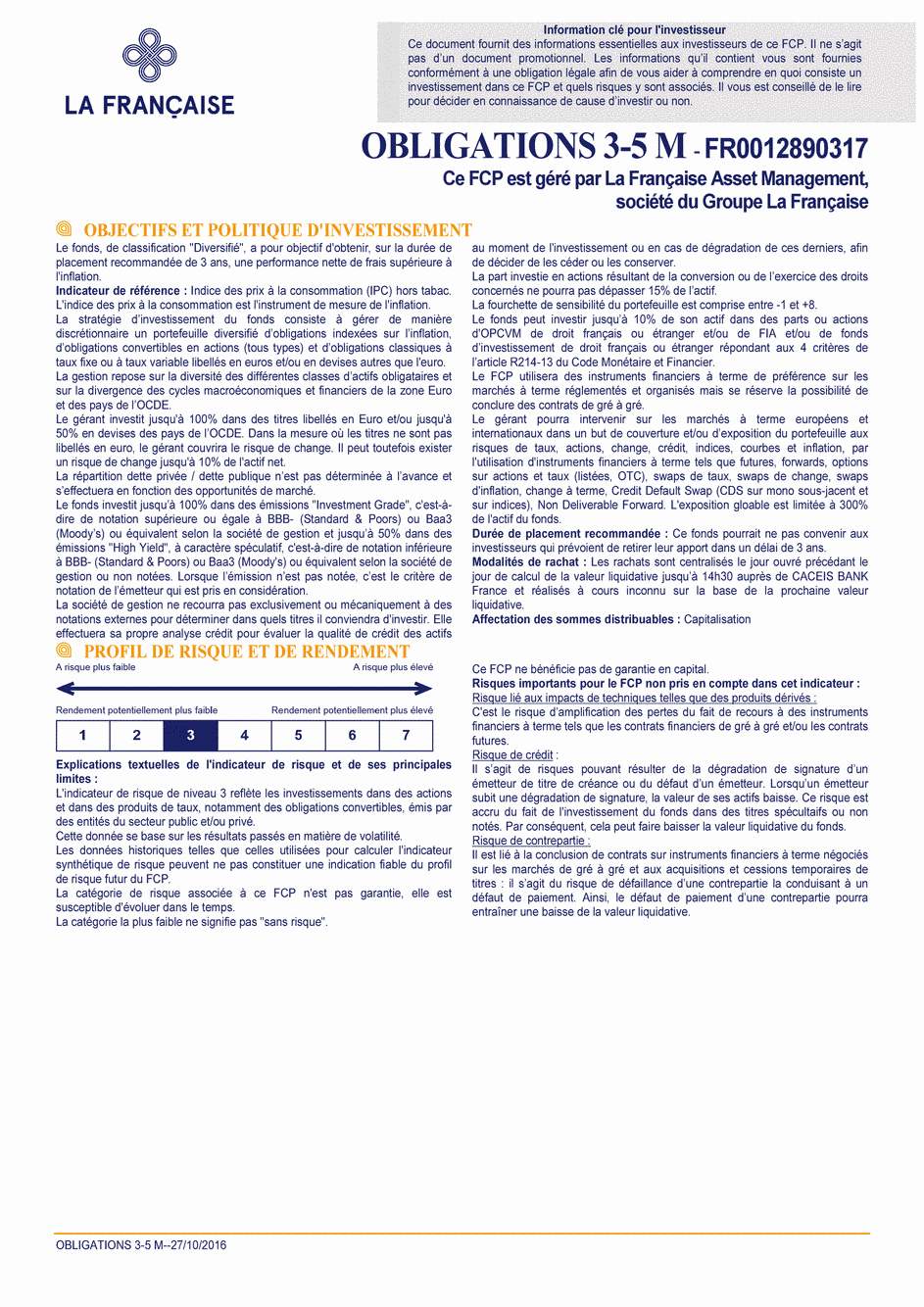 DICI OBLIGATIONS 3-5 M - 27/10/2016 - Français