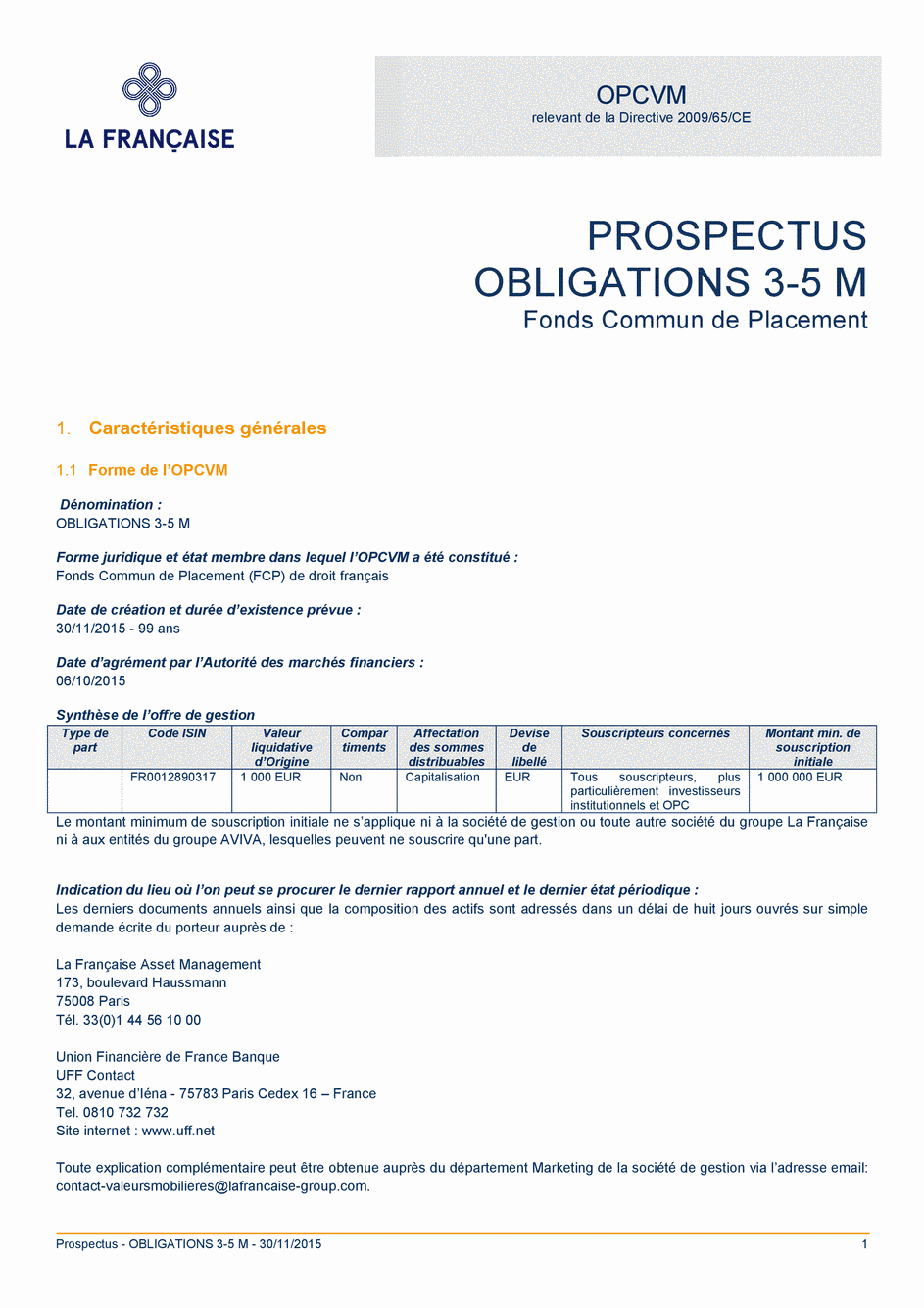Prospectus OBLIGATIONS 3-5 M - 30/11/2015 - Français