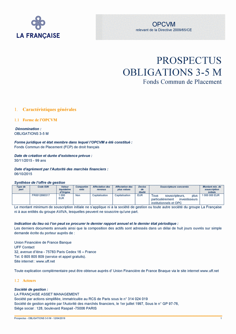 Prospectus OBLIGATIONS 3-5 M - 12/04/2019 - Français