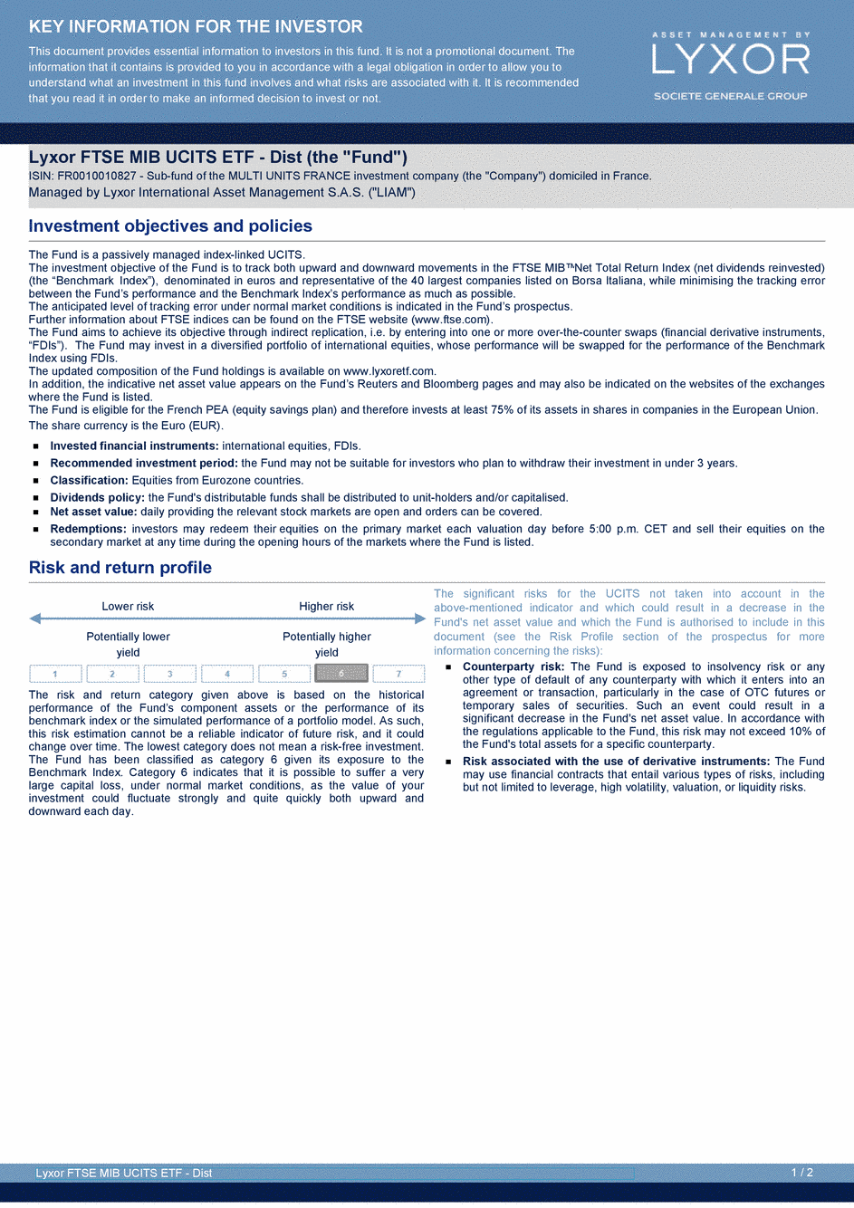 DICI Lyxor FTSE MIB UCITS ETF - Dist - 19/02/2020 - Anglais