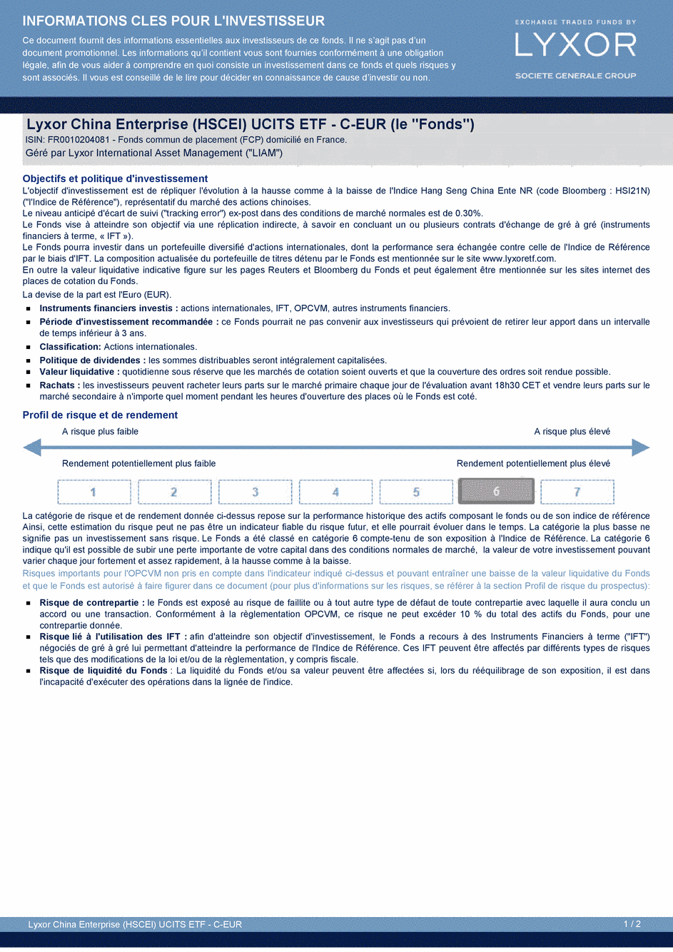 DICI Lyxor China Enterprise (HSCEI) UCITS ETF - Acc - 29/10/2015 - Français