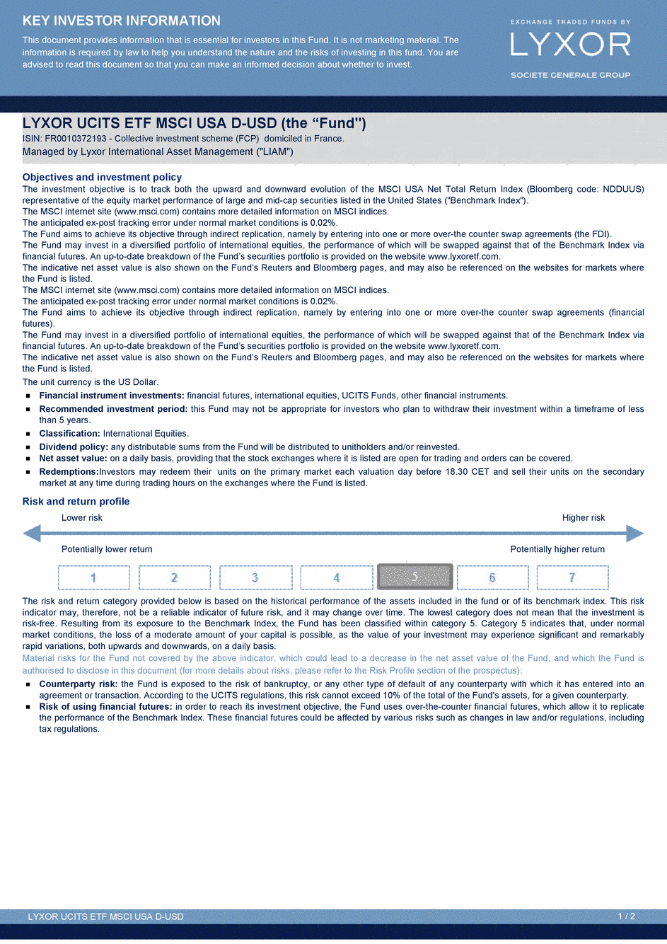 DICI LYXOR UCITS ETF MSCI USA D-USD - 28/08/2015 - Anglais