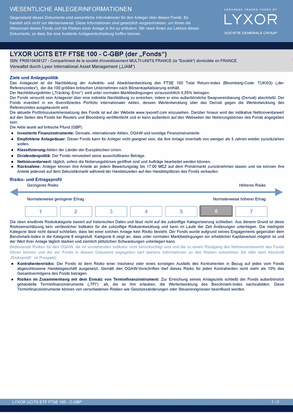 DICI LYXOR UCITS ETF FTSE 100 C-GBP - 15/04/2014 - Allemand