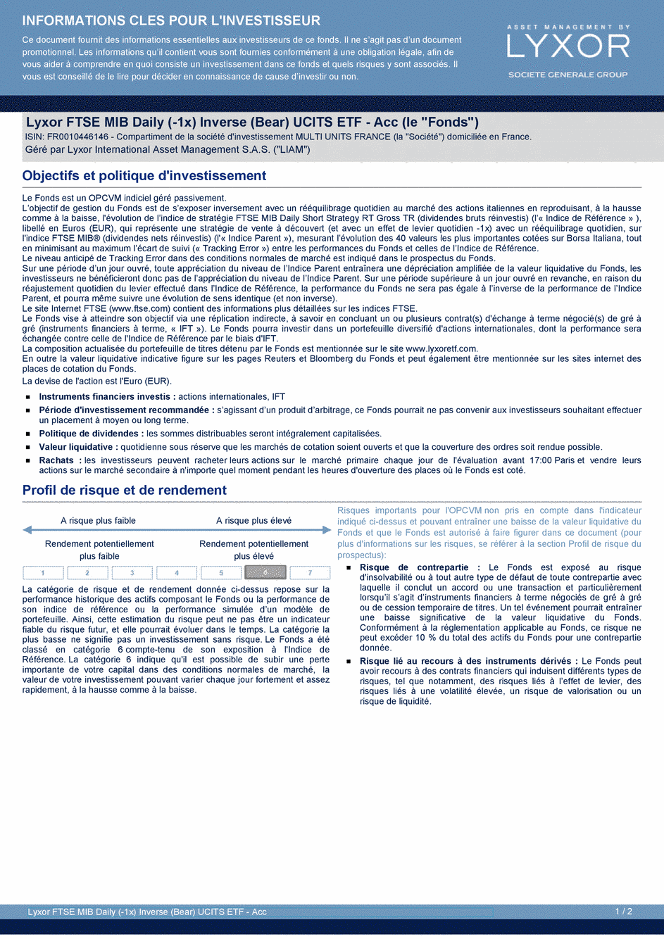 DICI Lyxor FTSE MIB Daily (-1x) Inverse (Bear) UCITS ETF - Acc - 19/02/2021 - Français
