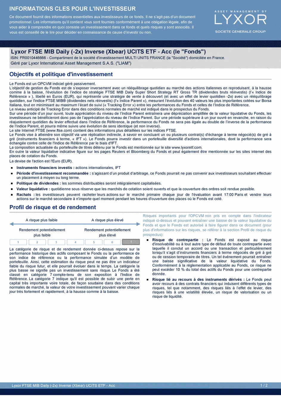DICI Lyxor FTSE MIB Daily (-2x) Inverse (Xbear) UCITS ETF - Acc - 19/02/2021 - Français