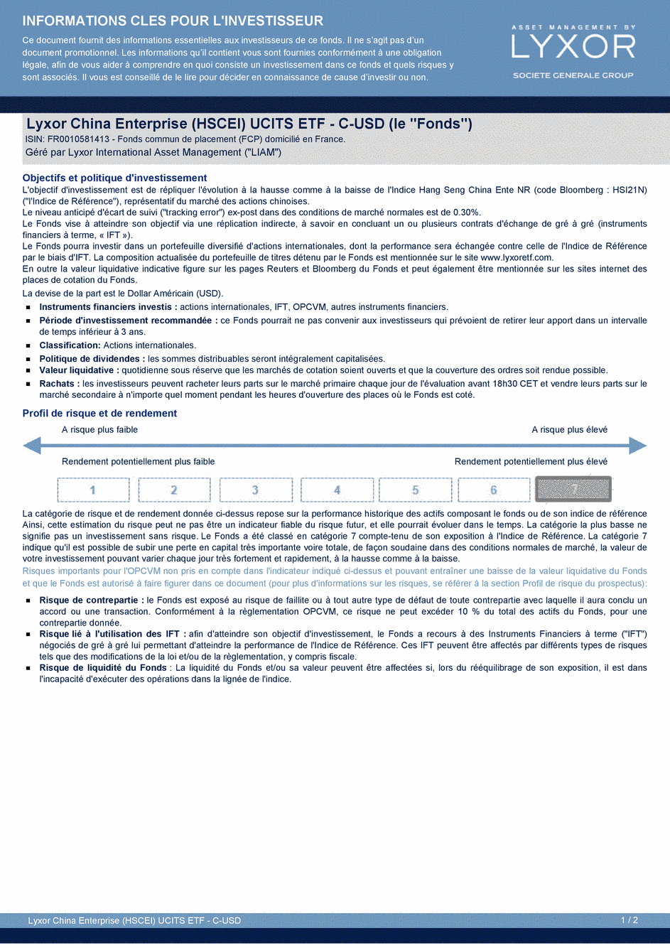 DICI LYXOR CHINA ENTERPRISE (HSCEI) UCITS ETF C-USD - 27/05/2016 - Français