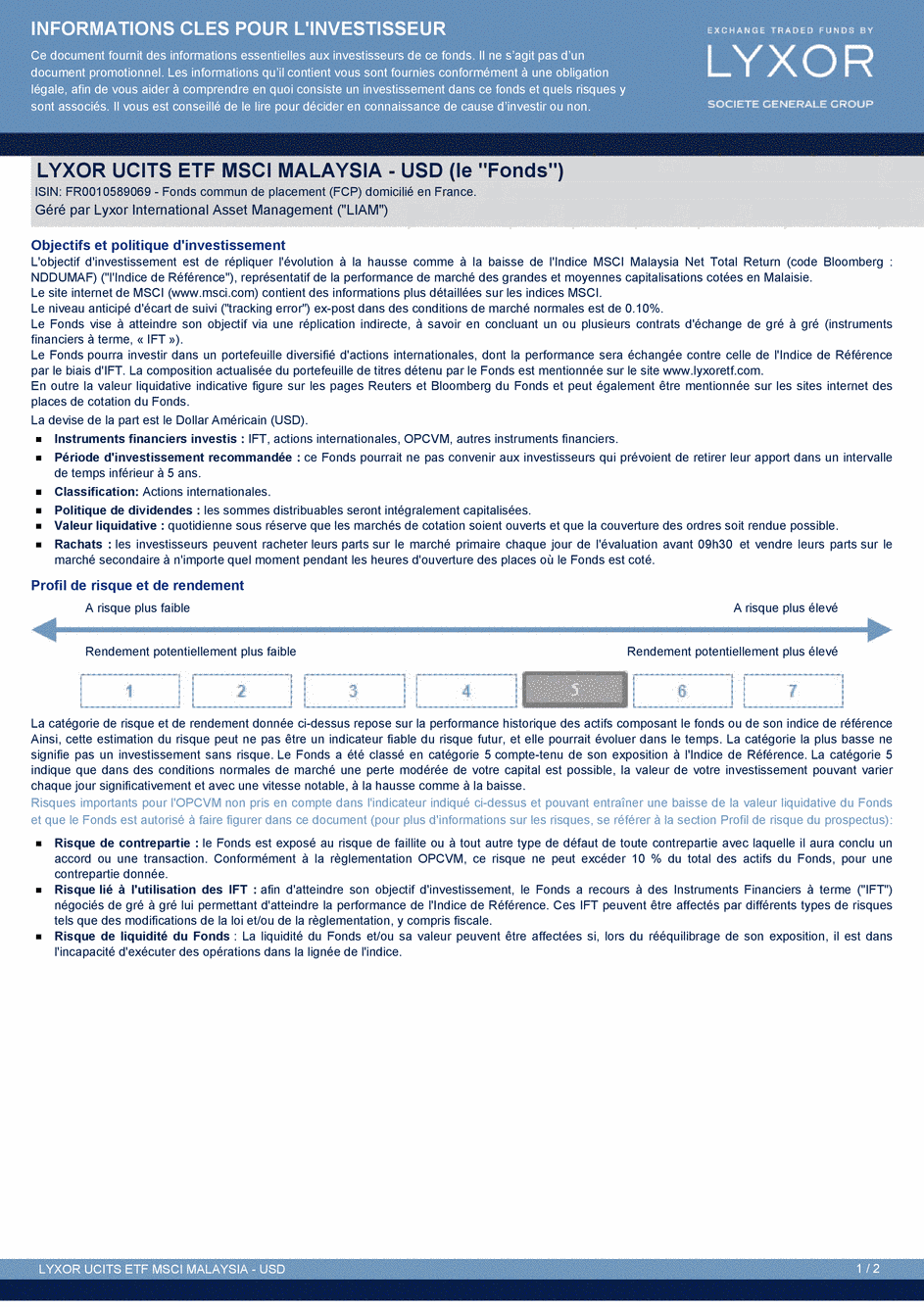 DICI Lyxor MSCI Malaysia UCITS ETF - USD - 27/02/2015 - Français