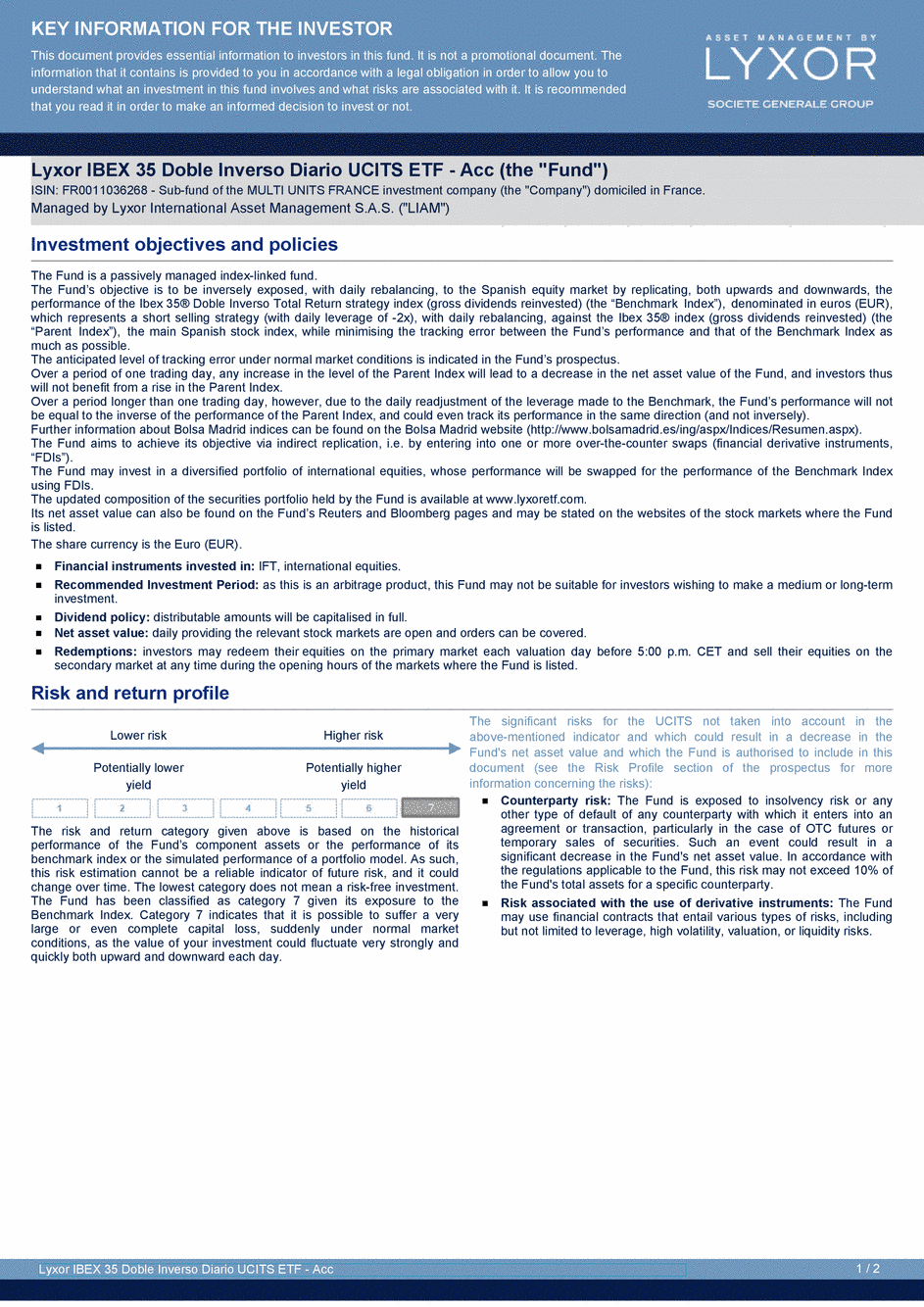 DICI Lyxor IBEX 35 Doble Inverso Diario UCITS ETF - Acc - 19/02/2020 - Anglais