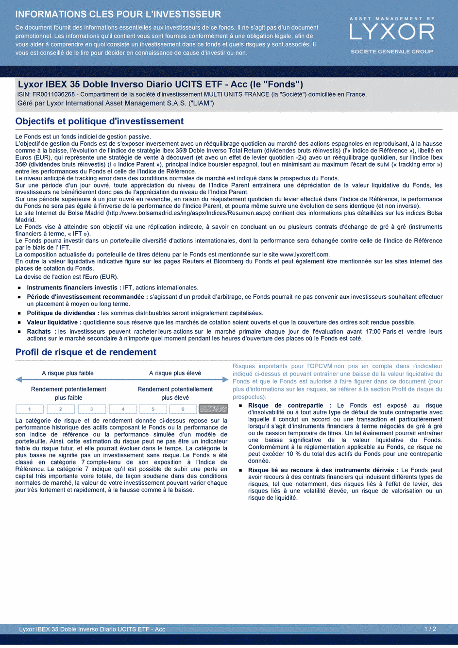 DICI Lyxor IBEX 35 Doble Inverso Diario UCITS ETF - Acc - 19/02/2021 - Français