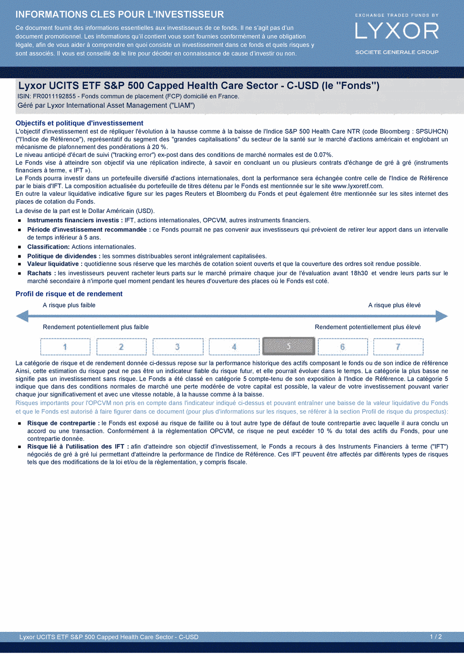 DICI LYXOR UCITS ETF S&P 500 CAPPED HEALTH CARE SECTOR PART C-USD - 11/02/2015 - Français