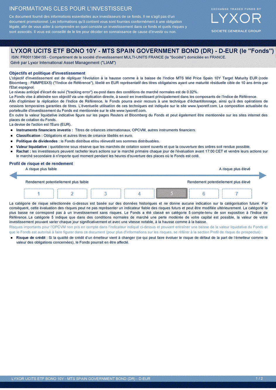 DICI LYXOR UCITS ETF BONO 10Y – MTS SPAIN GOVERNMENT BOND (DR) D - 18/12/2014 - Français