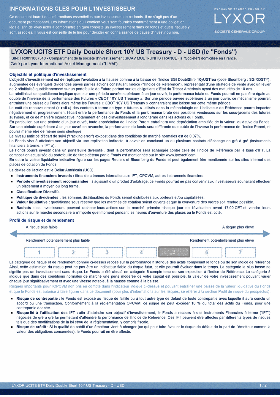 DICI LYXOR UCITS ETF DAILY DOUBLE SHORT 10Y US TREASURY Part D USD - 26/03/2015 - Français