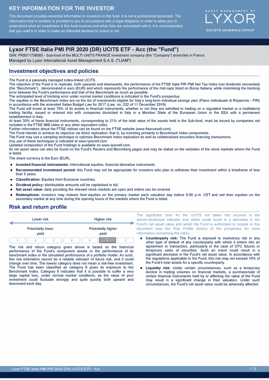 DICI Lyxor FTSE Italia PMI PIR 2020 (DR) UCITS ETF - Acc - 30/03/2020 - Anglais
