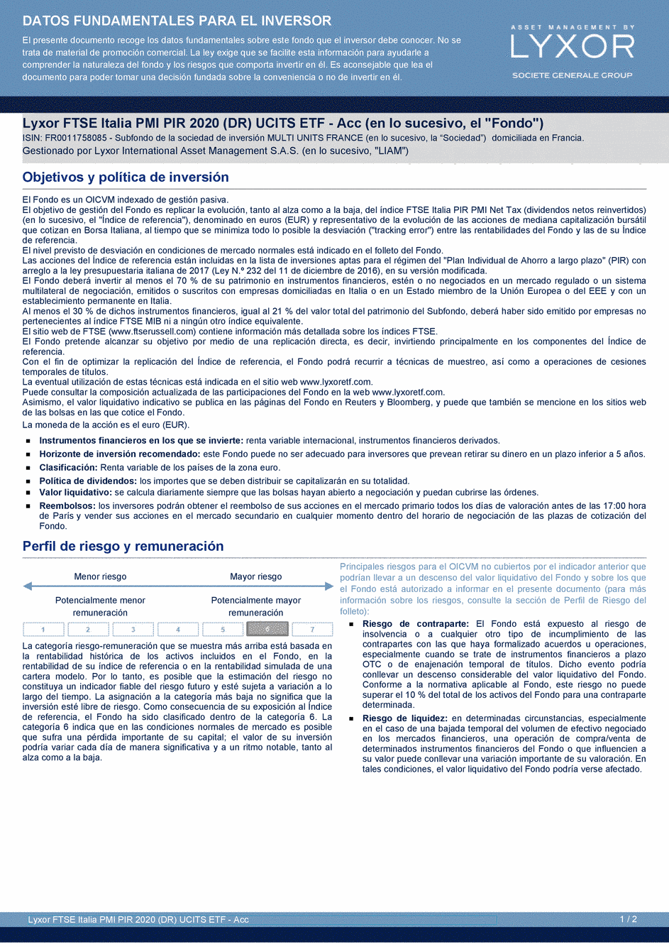 DICI Lyxor FTSE Italia PMI PIR 2020 (DR) UCITS ETF - Acc - 30/03/2020 - Espagnol