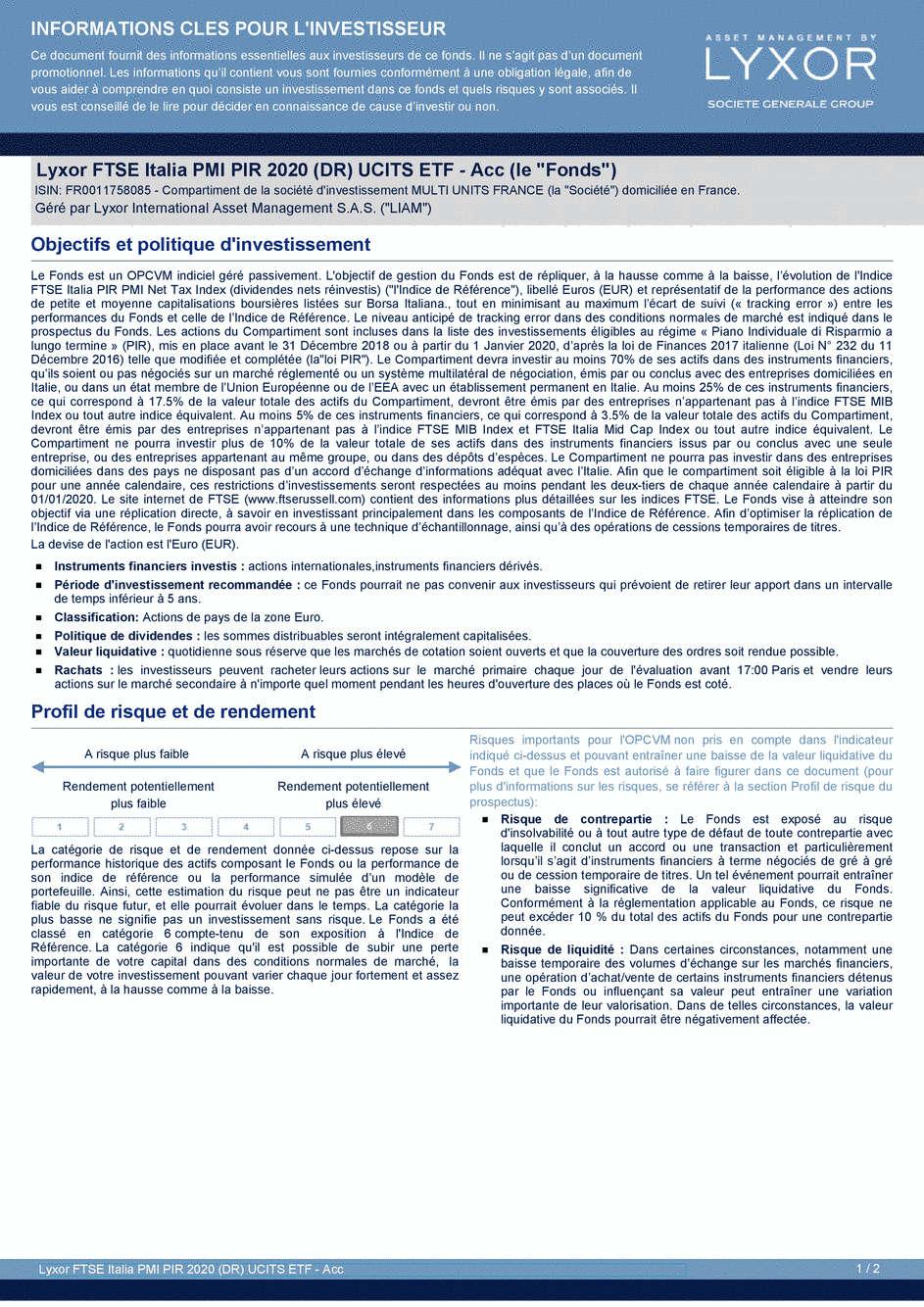 DICI Lyxor FTSE Italia PMI PIR 2020 (DR) UCITS ETF - Acc - 21/07/2020 - Français