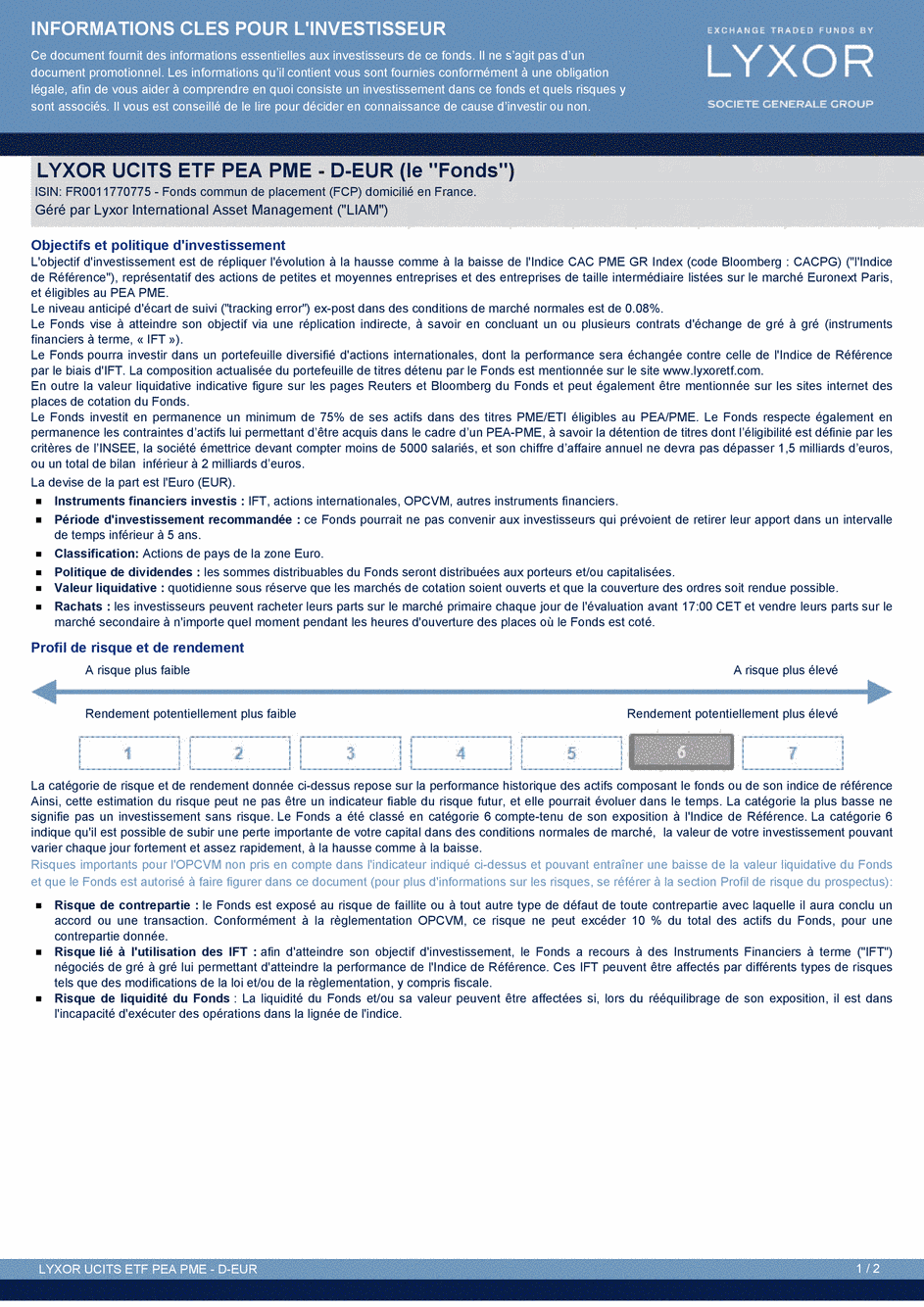 DICI Lyxor PEA PME (DR) UCITS ETF - Dist - 30/11/2015 - Français