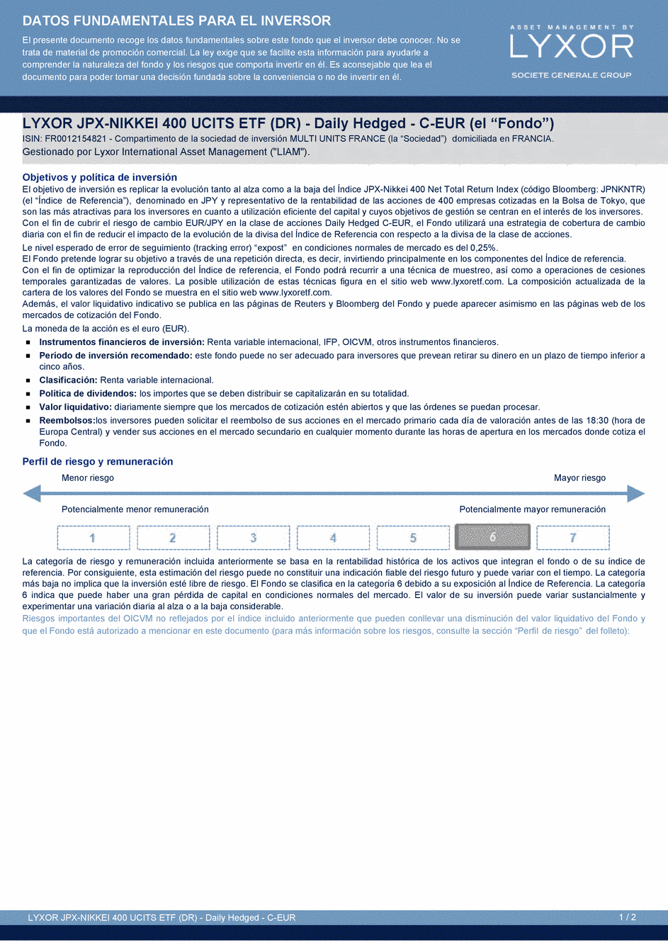 DICI LYXOR JPX-NIKKEI 400 UCITS ETF (DR) Daily Hedged C-EUR - 20/08/2015 - Espagnol
