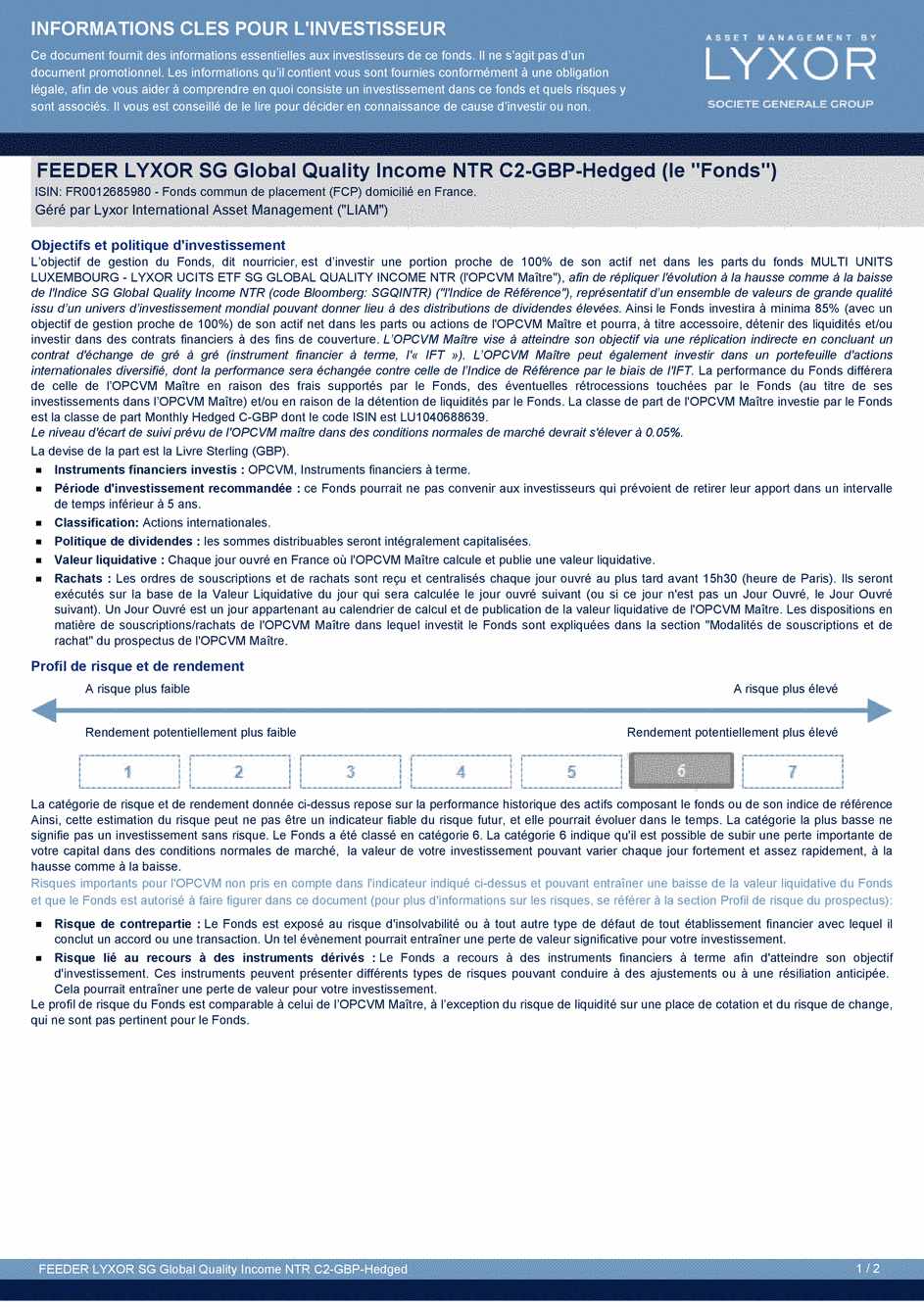 DICI FEEDER LYXOR SG GLOBAL QUALITY INCOME NTR C2-GBP-hedged - 24/04/2015 - Français