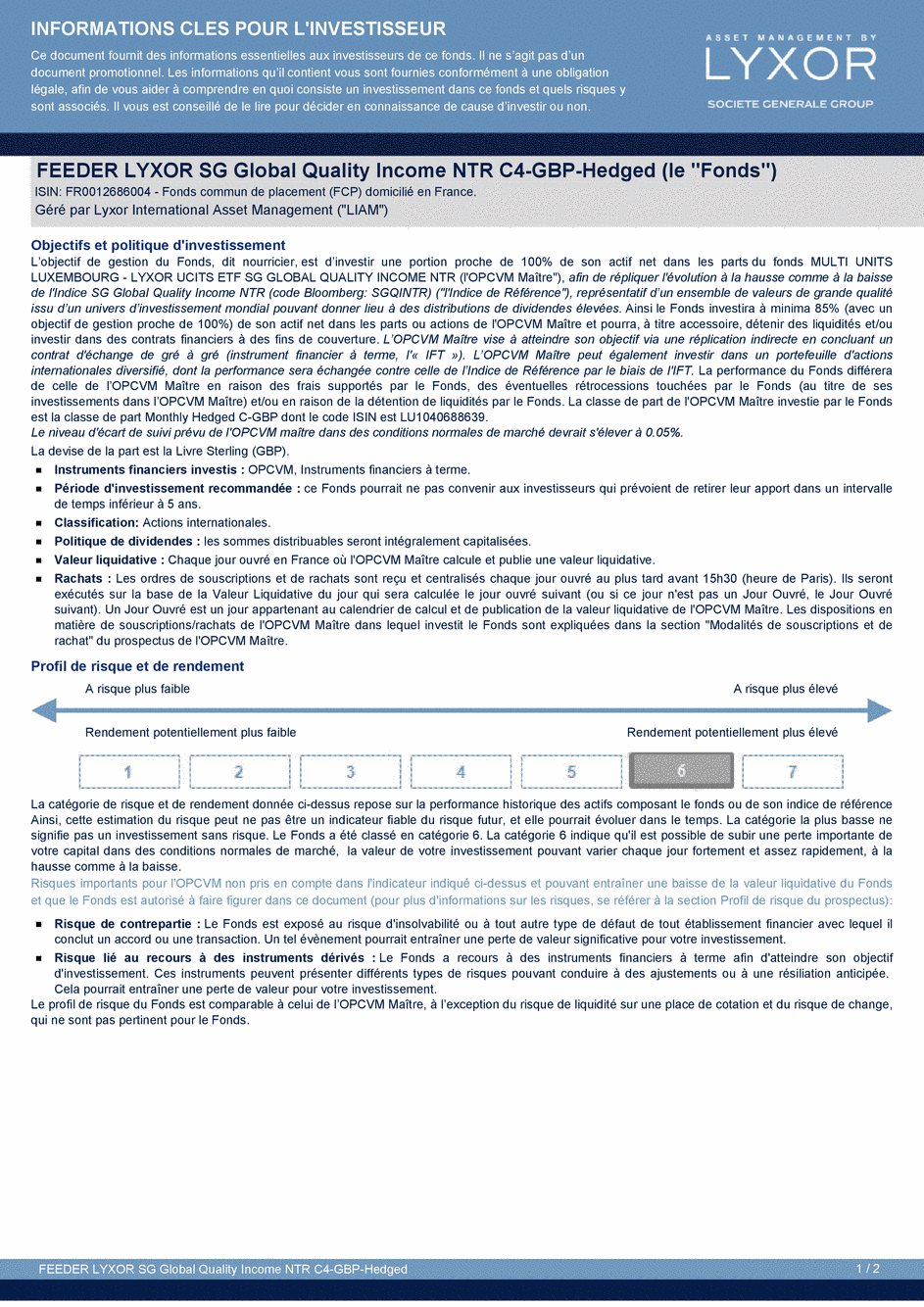 DICI FEEDER LYXOR SG GLOBAL QUALITY INCOME NTR C4-GBP-Hedged - 24/04/2015 - Français