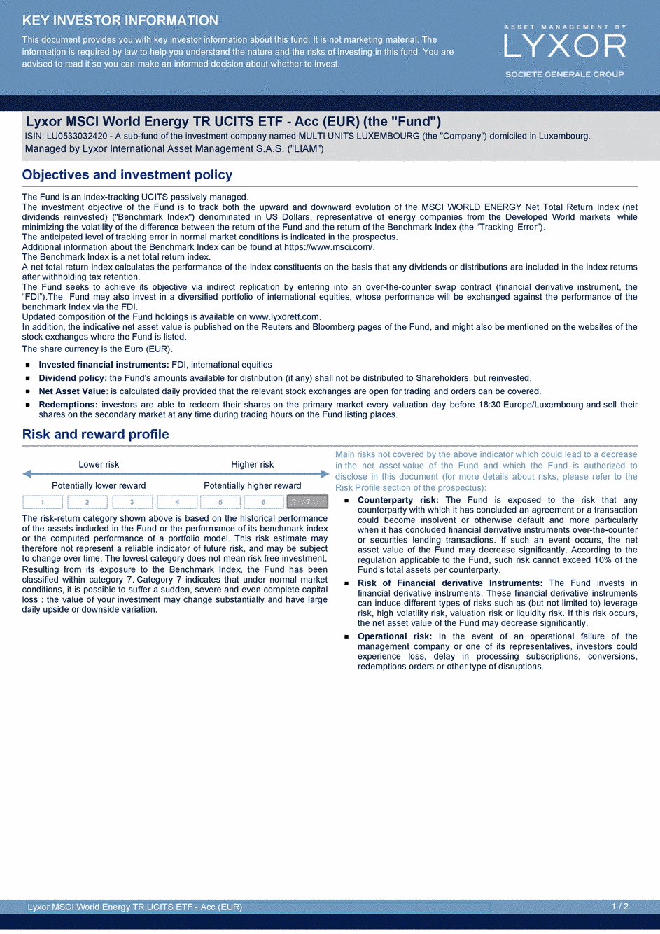 DICI Lyxor MSCI World Energy TR UCITS ETF - Acc (EUR) - 26/10/2020 - Anglais