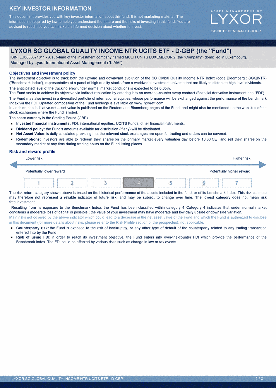 DICI Lyxor SG Global Quality Income NTR UCITS ETF - D-GBP - 30/10/2015 - Anglais