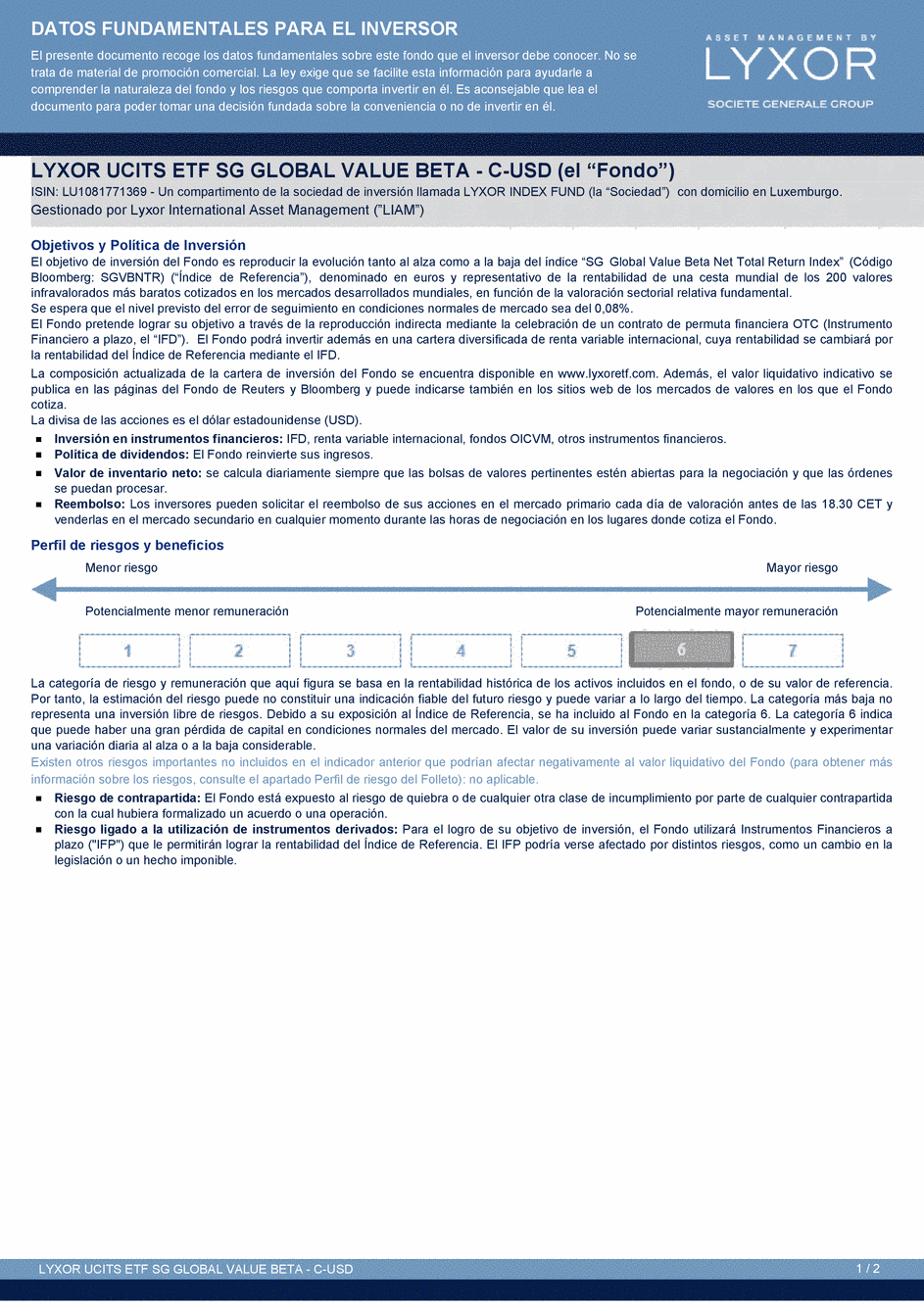 DICI Lyxor SG Global Value Beta UCITS ETF - Acc - 25/06/2014 - Espagnol