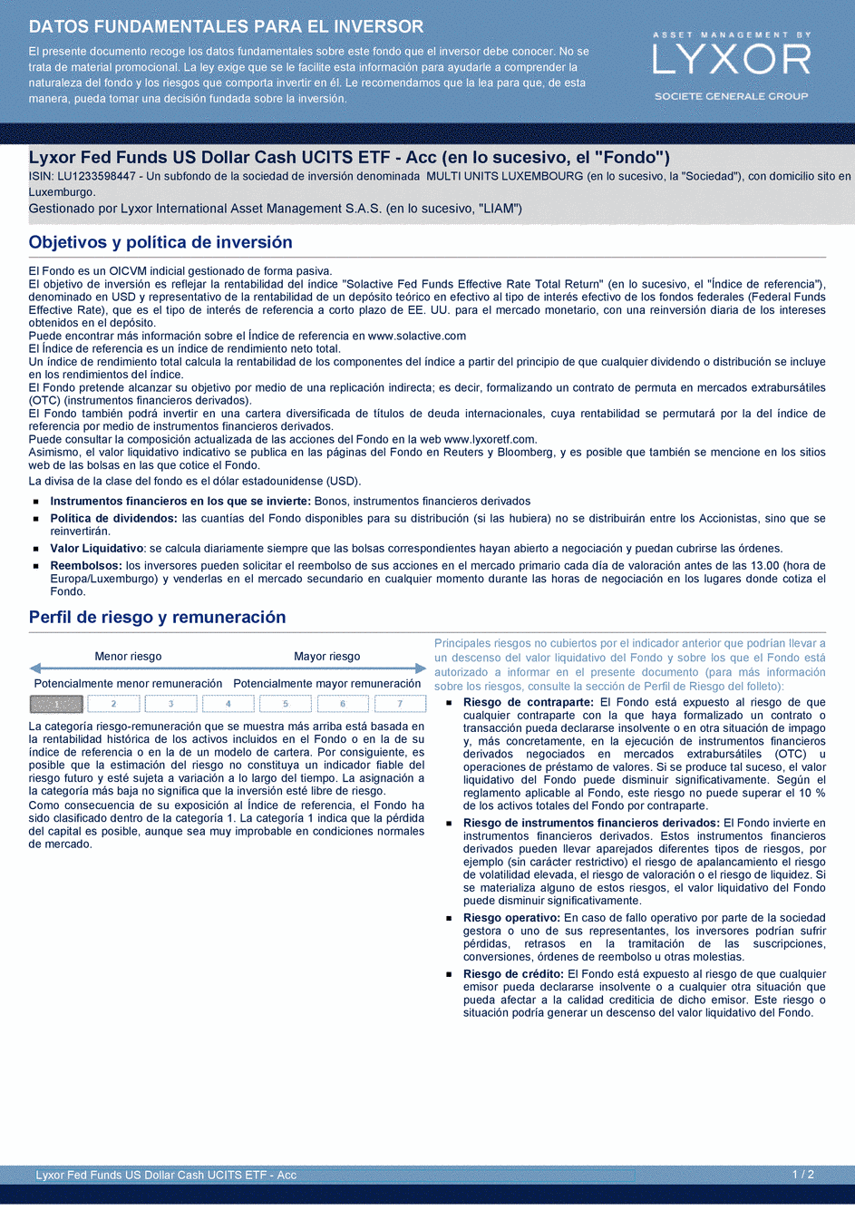 DICI Lyxor Fed Funds US Dollar Cash UCITS ETF - Acc - 19/02/2021 - Espagnol