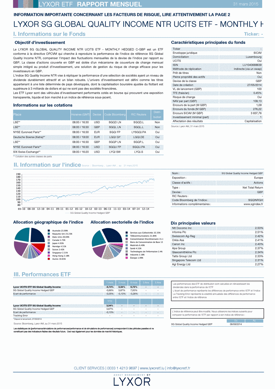 Reporting Lyxor SG Global Quality Income NTR UCITS ETF - Monthly Hedged to GBP - Acc - 31/03/2015 - Français