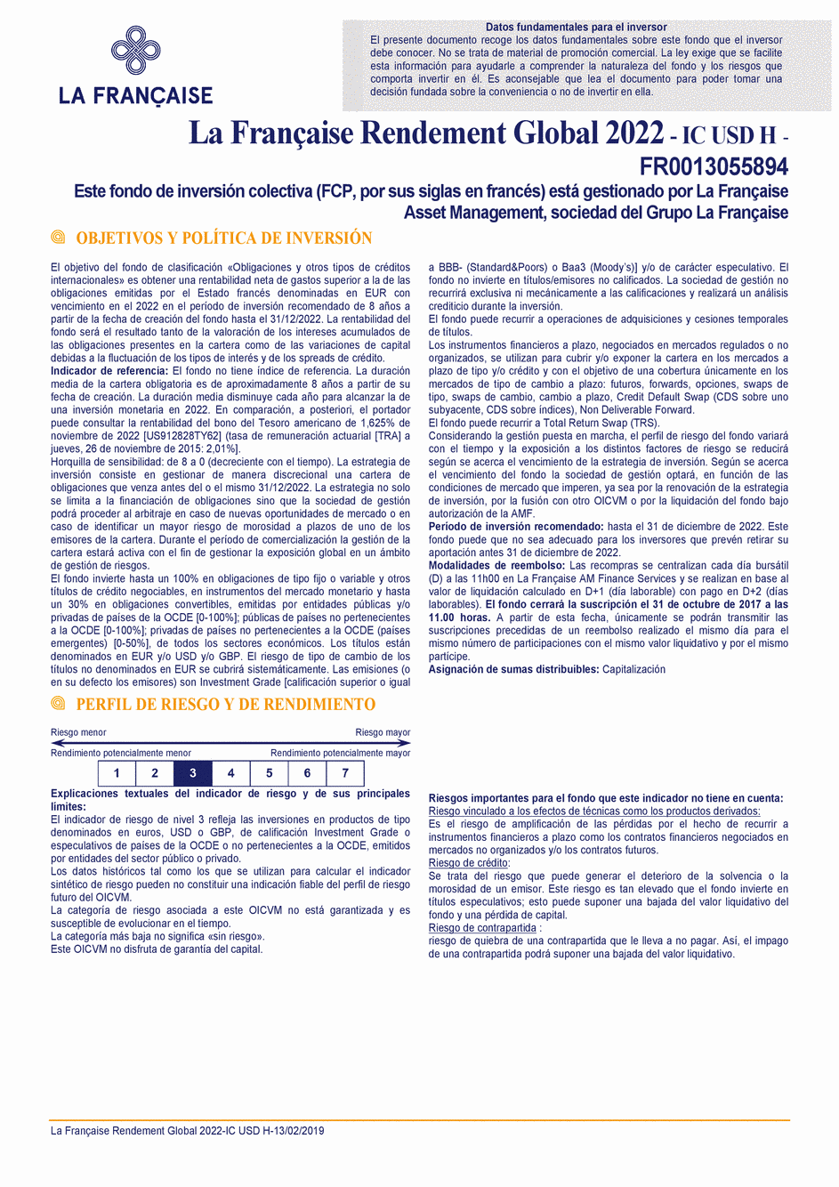 DICI La Française Rendement Global 2022 - Part IC USD H - 13/02/2019 - Espagnol