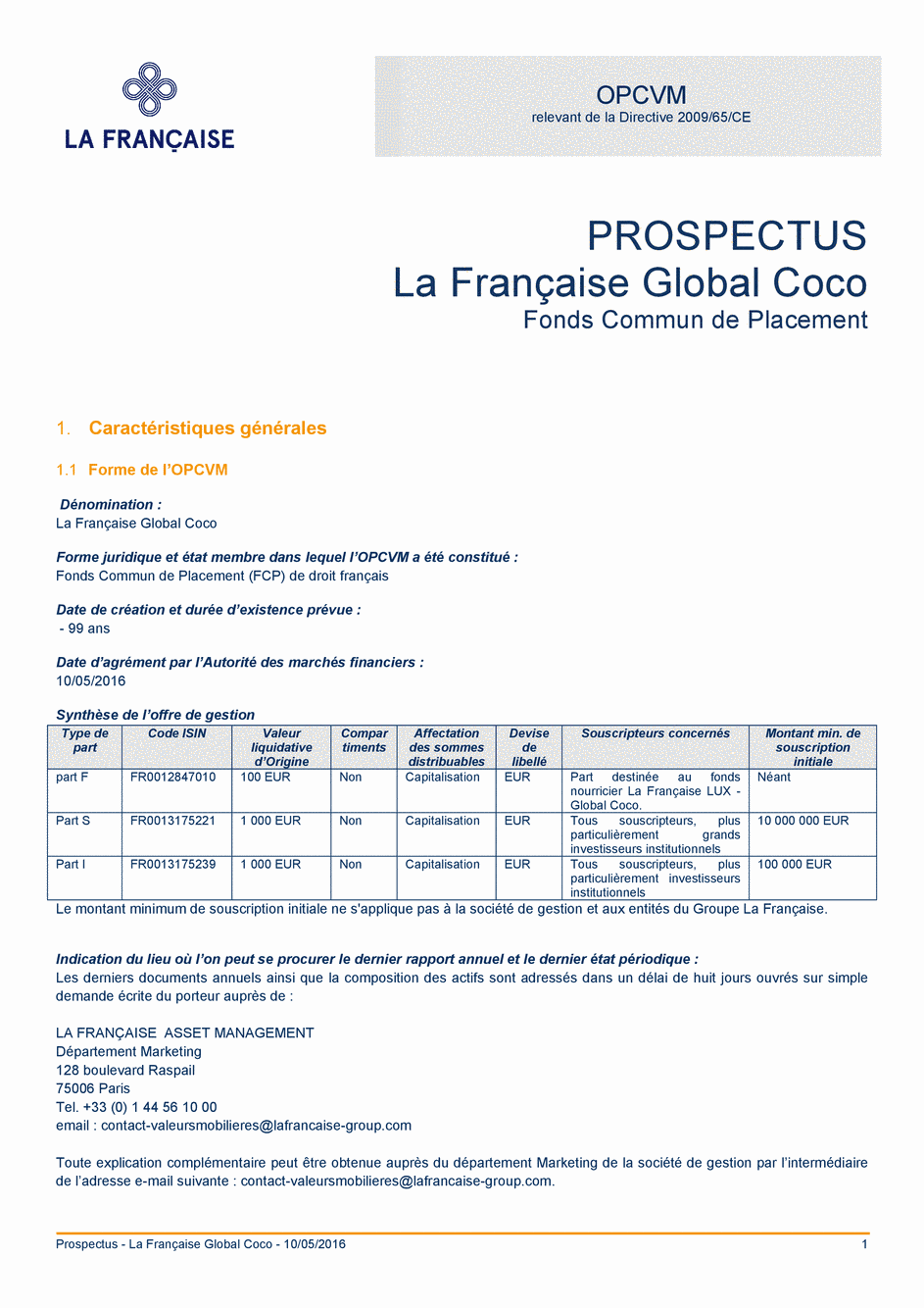 Prospectus La Française Global Coco - Part I - 10/05/2016 - Français