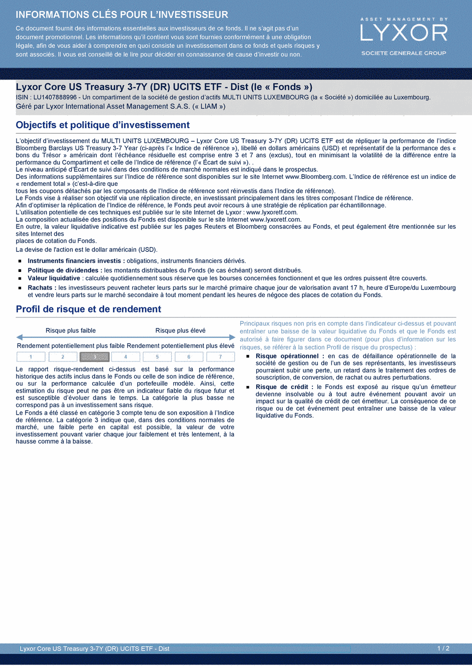 DICI Lyxor Core US Treasury 3-7Y (DR) UCITS ETF - Dist - 20/04/2020 - Français