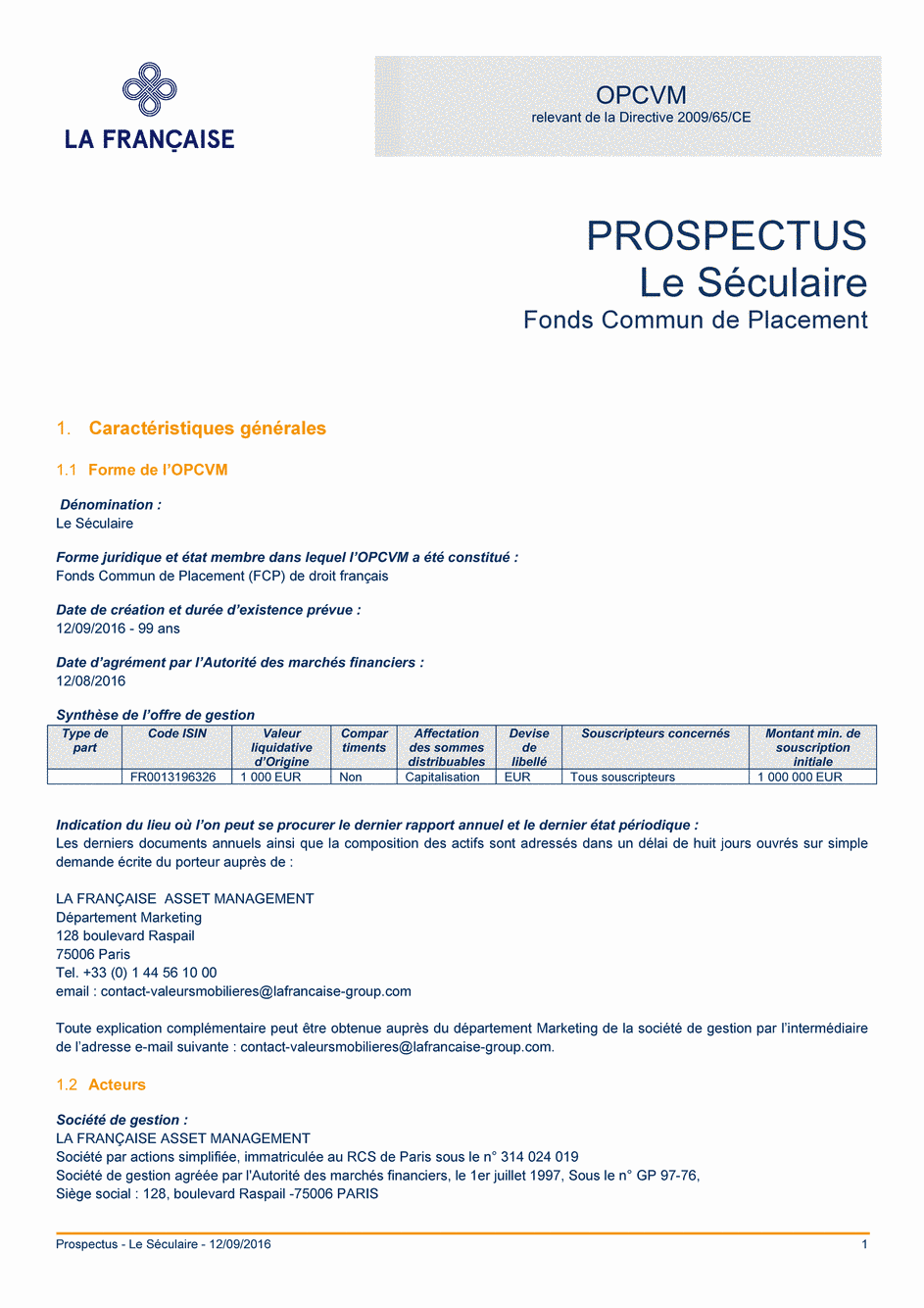 Prospectus Le Séculaire - Part F - 12/09/2016 - Français
