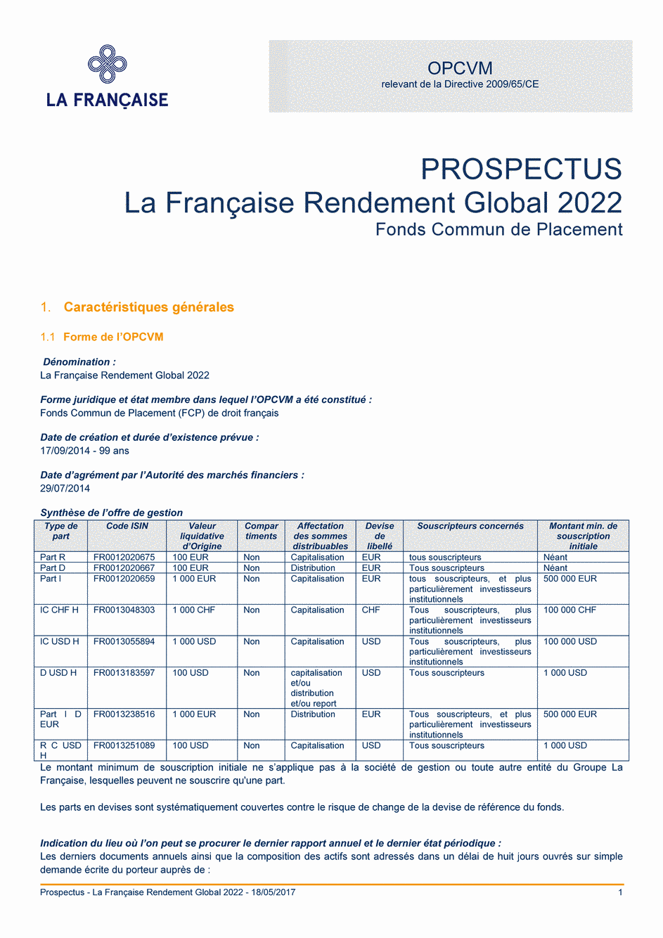 Prospectus La Française Rendement Global 2022 - Part I D EUR - 18/05/2017 - Français