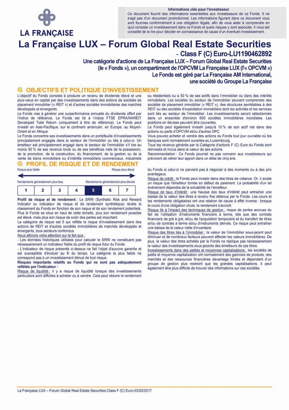 DICI La Française LUX - Forum Global Real Estate Securities - F (C) EUR - 03/02/2017 - Français