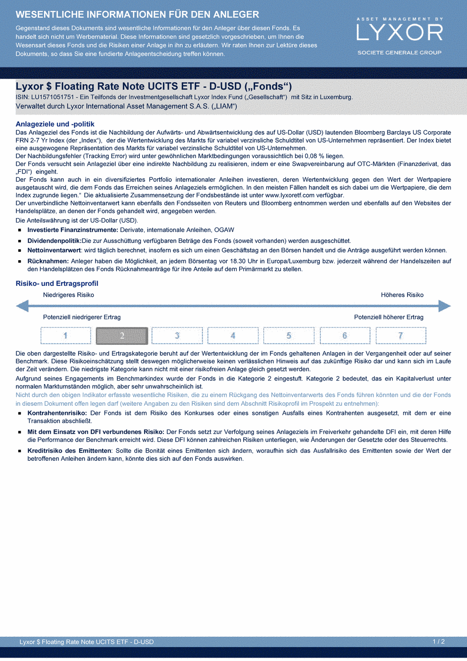 DICI Lyxor $ Floating Rate Note UCITS ETF - Dist - 30/06/2017 - Allemand