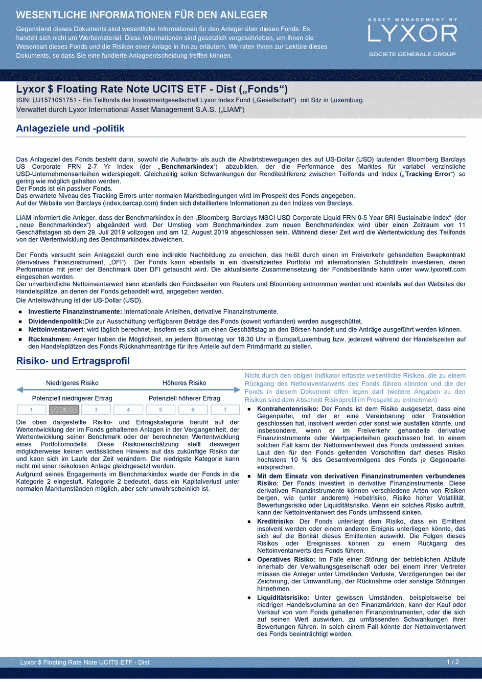 DICI Lyxor $ Floating Rate Note UCITS ETF - Dist - 29/07/2019 - Allemand