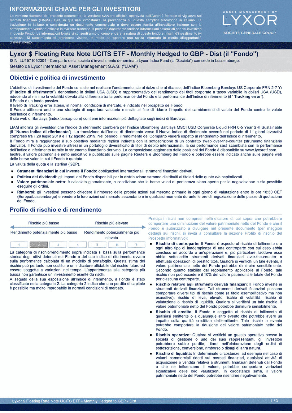DICI Lyxor $ Floating Rate Note UCITS ETF - Monthly Hedged to GBP - Dist - 29/07/2019 - Italien