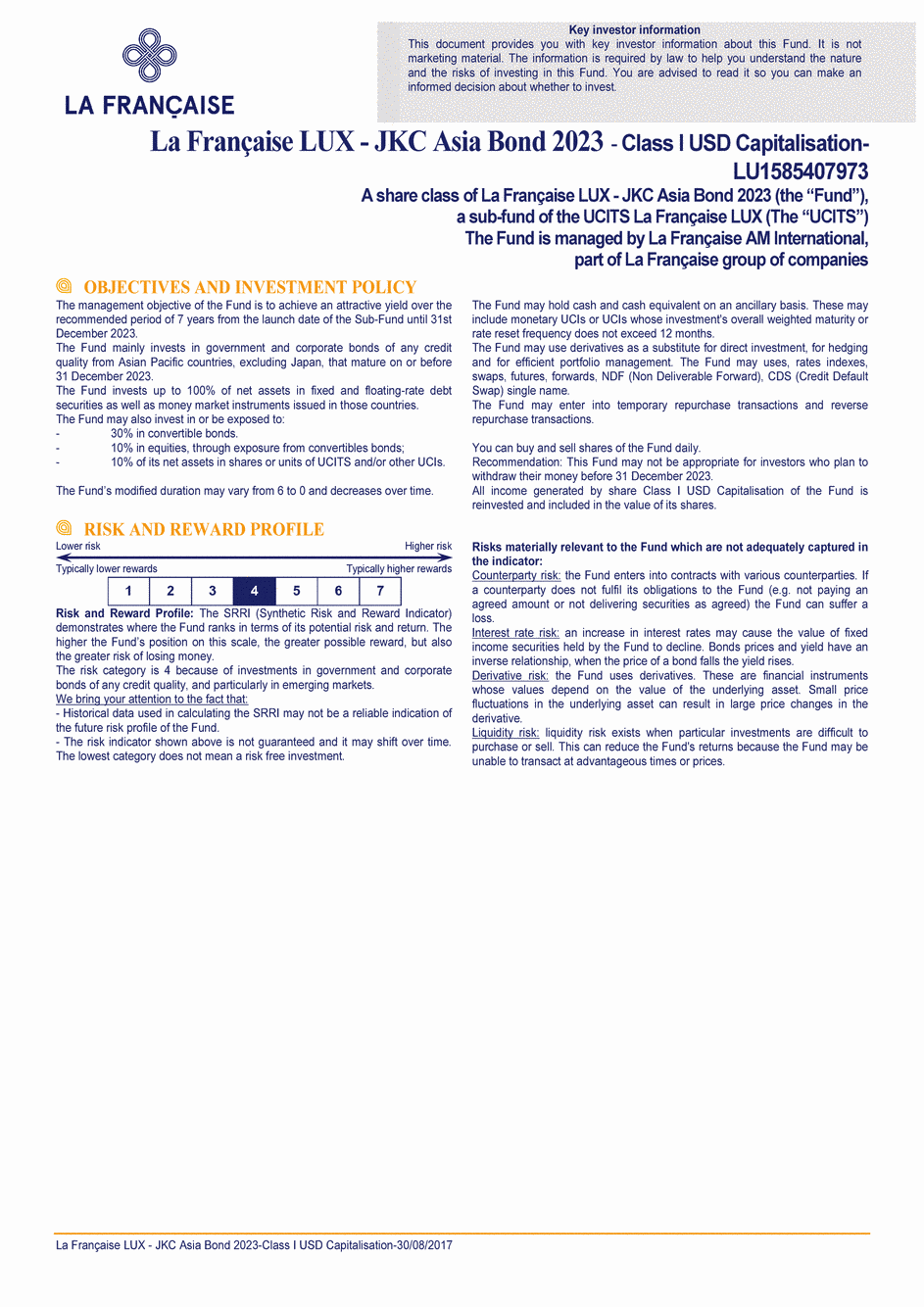 DICI La Française LUX - JKC Asia Bond 2023 - Class I (C) USD - 30/08/2017 - Anglais