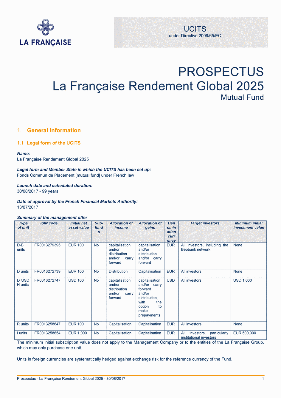 Prospectus La Française Rendement Global 2025 - Part D USD H - 30/08/2017 - Anglais