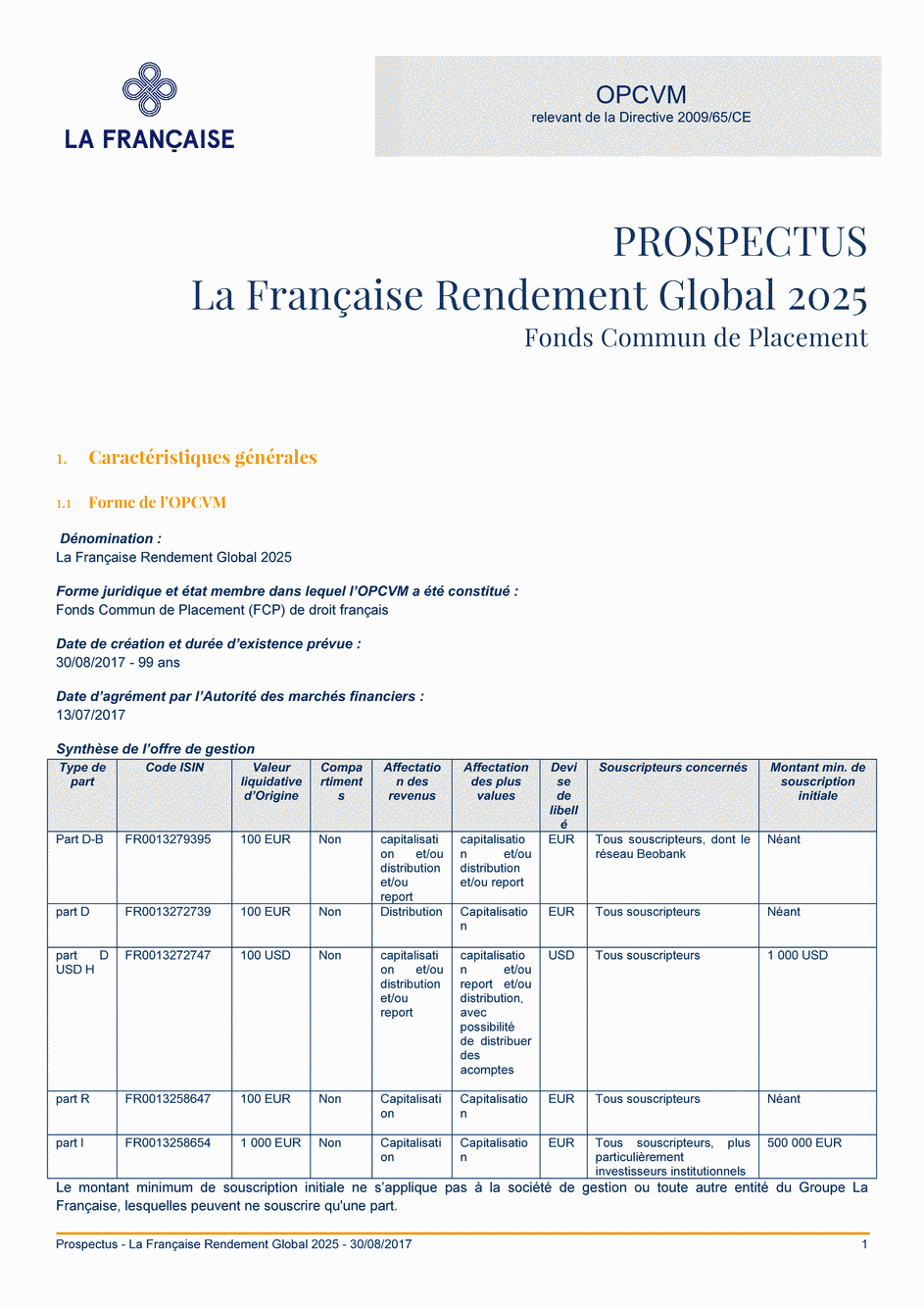 Prospectus La Française Rendement Global 2025 - Part R - 30/08/2017 - Français