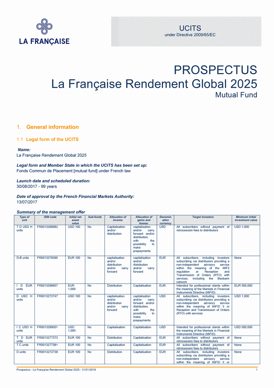 Prospectus La Française Rendement Global 2025 - Part R - 31/01/2018 - Anglais