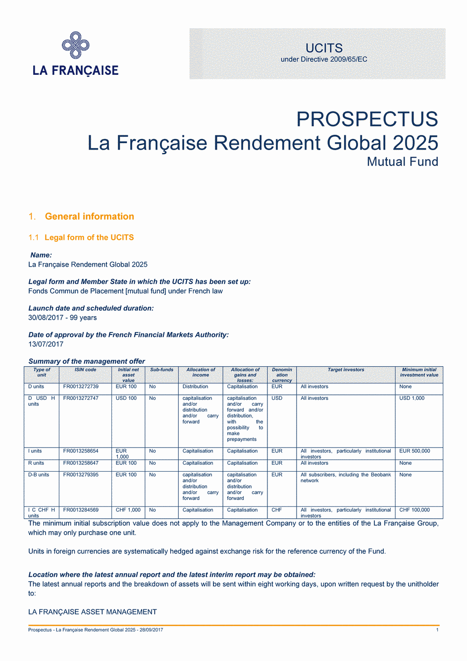 Prospectus La Française Rendement Global 2025 - Part I - 28/09/2017 - Anglais
